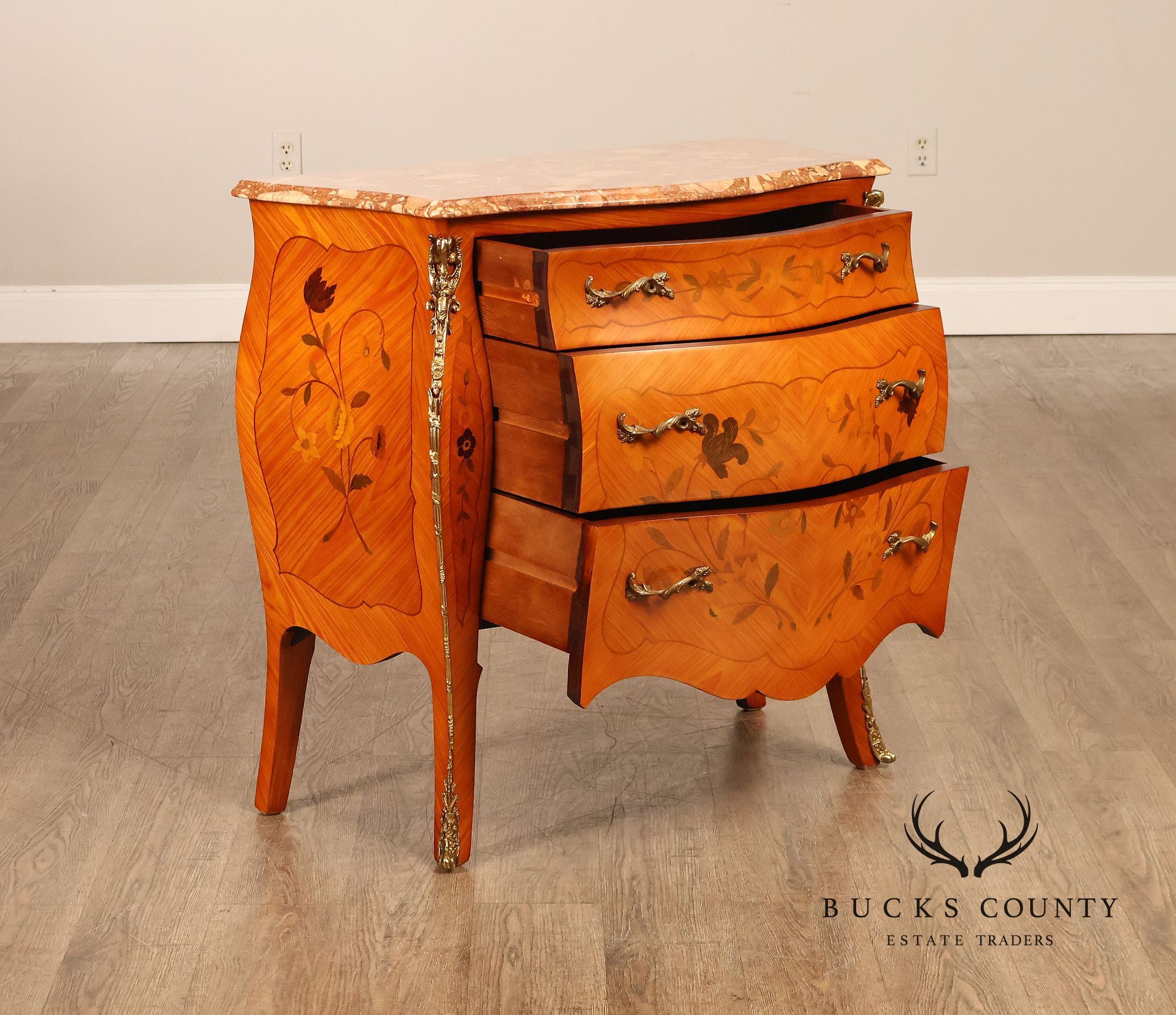 Italian Louis XV Style Marquetry Inlaid Marble Top Bombe Chest Commode