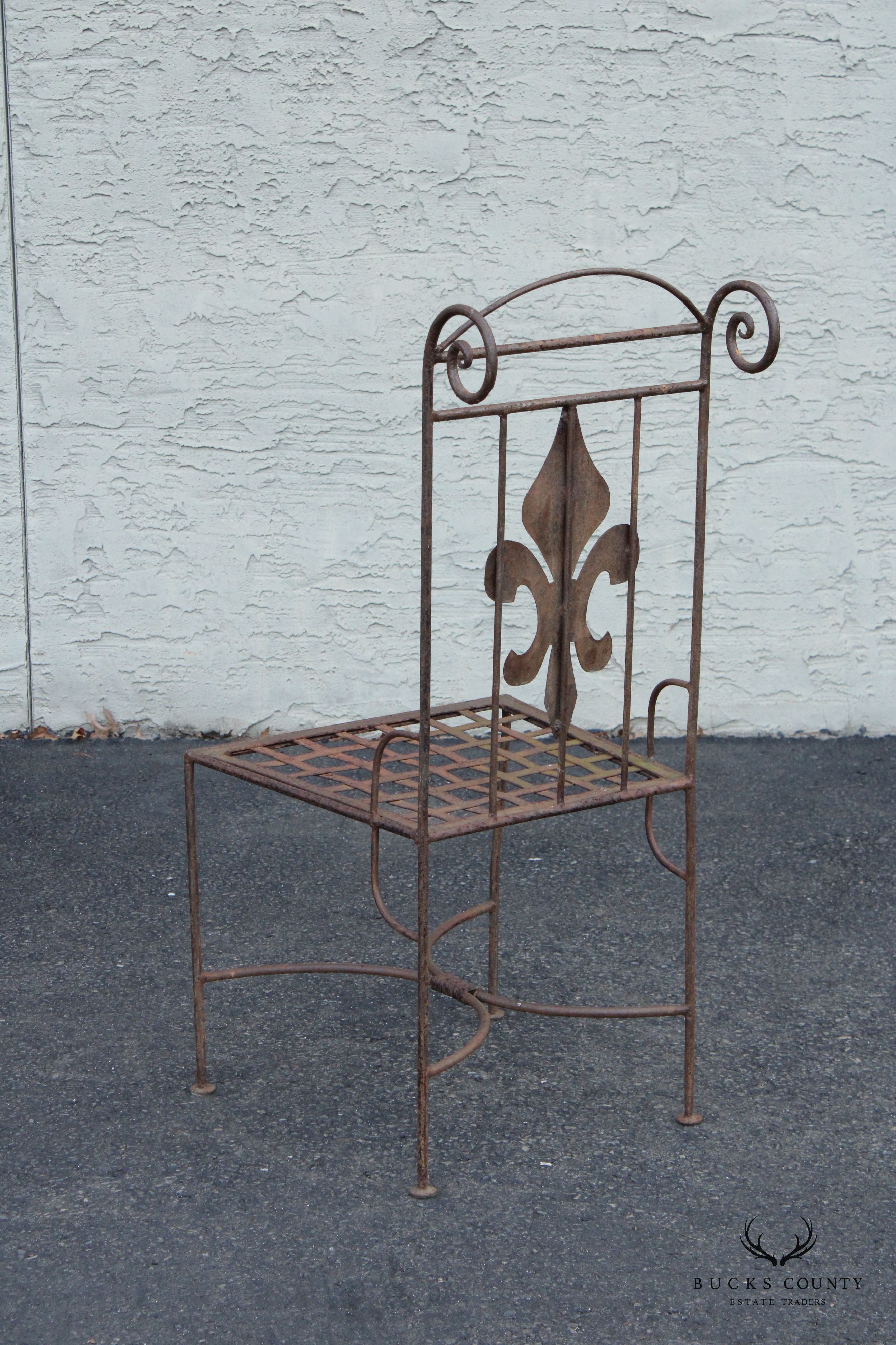 French Style Vintage Set of Four Wrought Iron Garden Side Dining Chairs