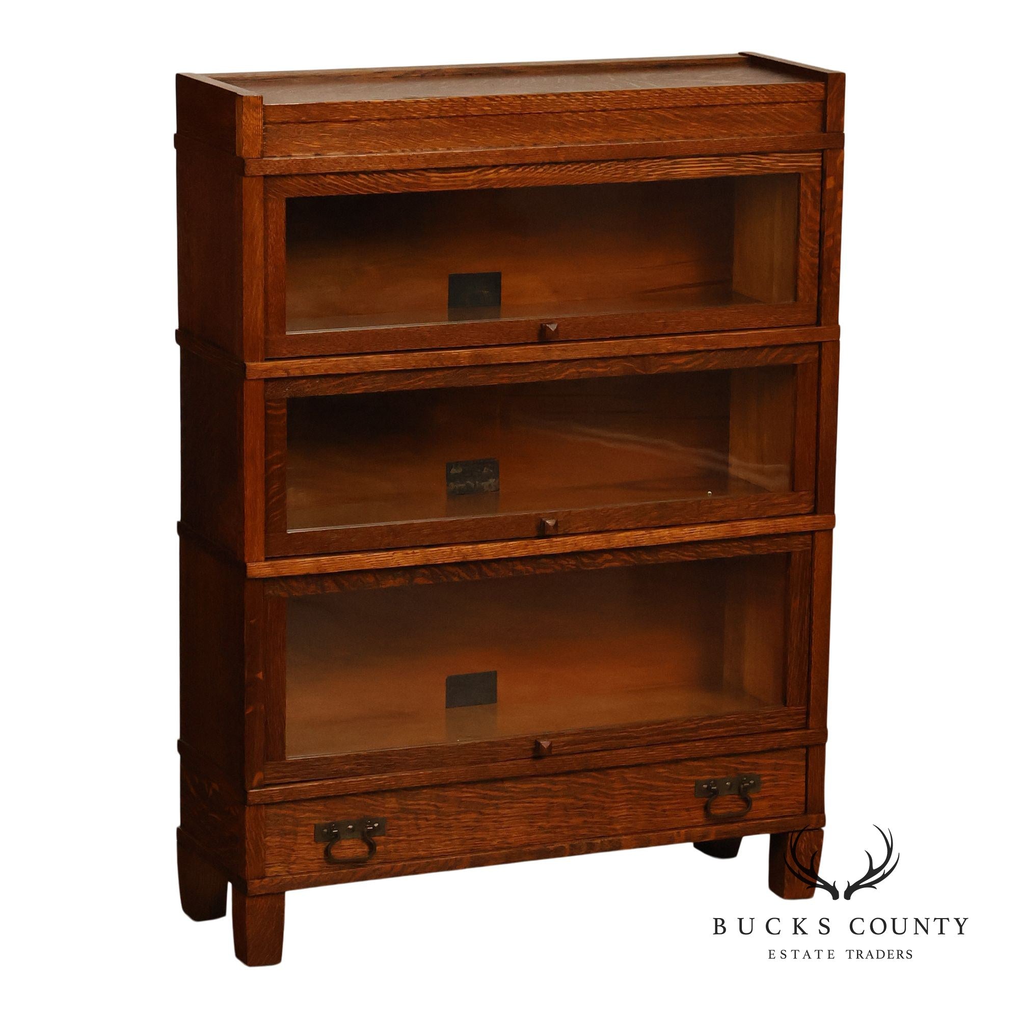 Antique Globe Wernicke Mission Oak Three Stack Barrister Bookcase With Base Drawer