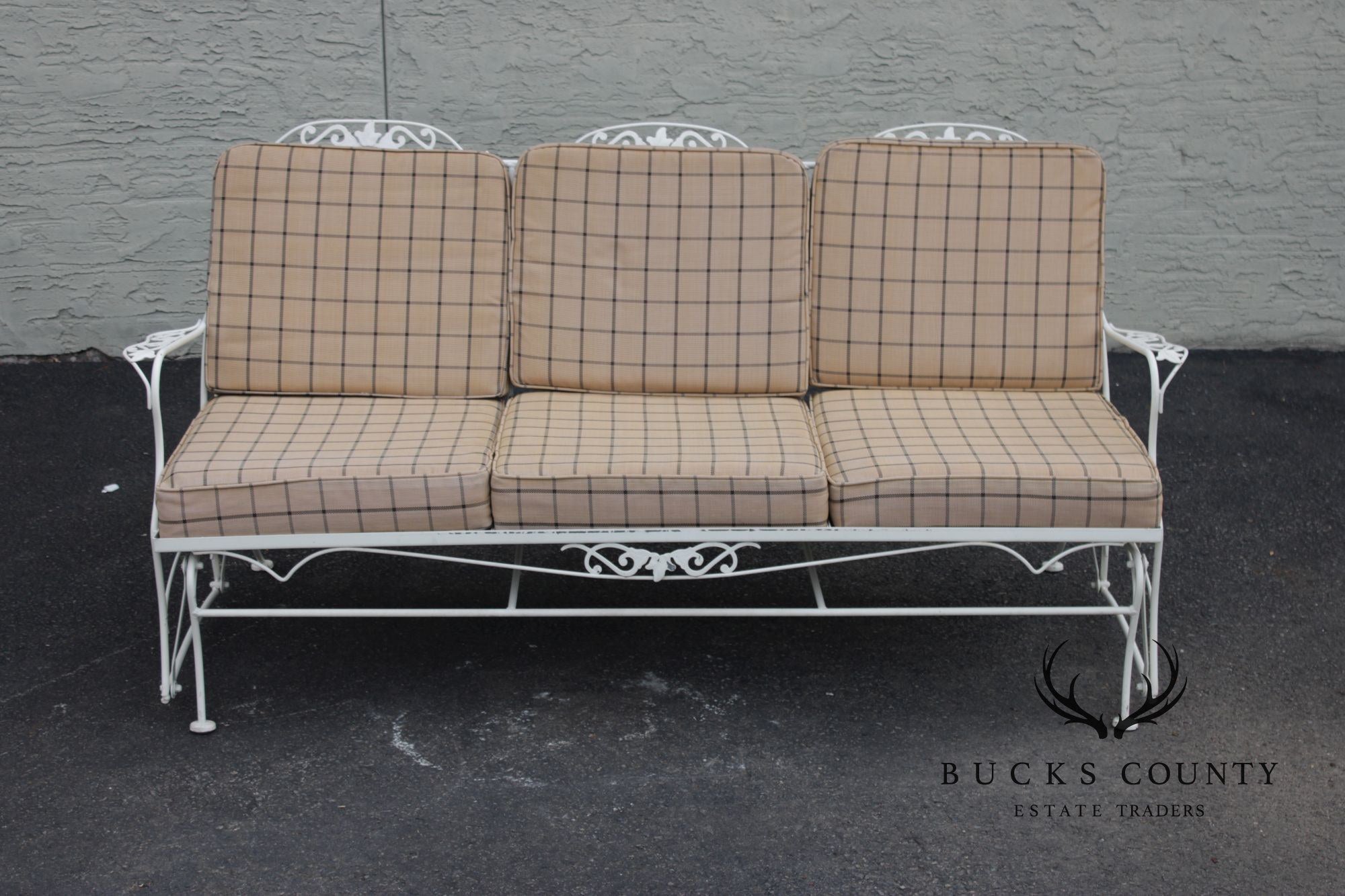 Lyon-Shaw Vintage Outdoor Patio Sofa With Scroll Iron Frame And Cushions