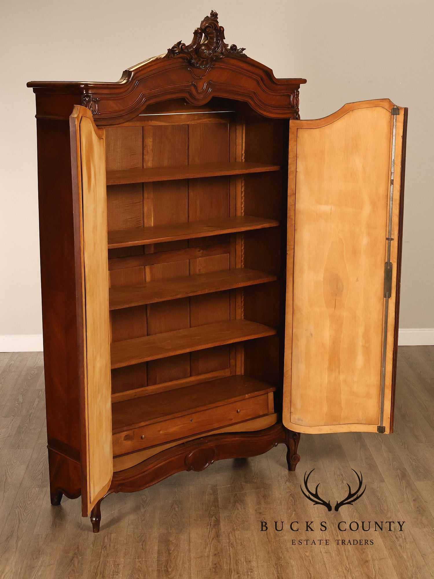 French Louis XV Style Antique Carved Mahogany Mirrored Armoire