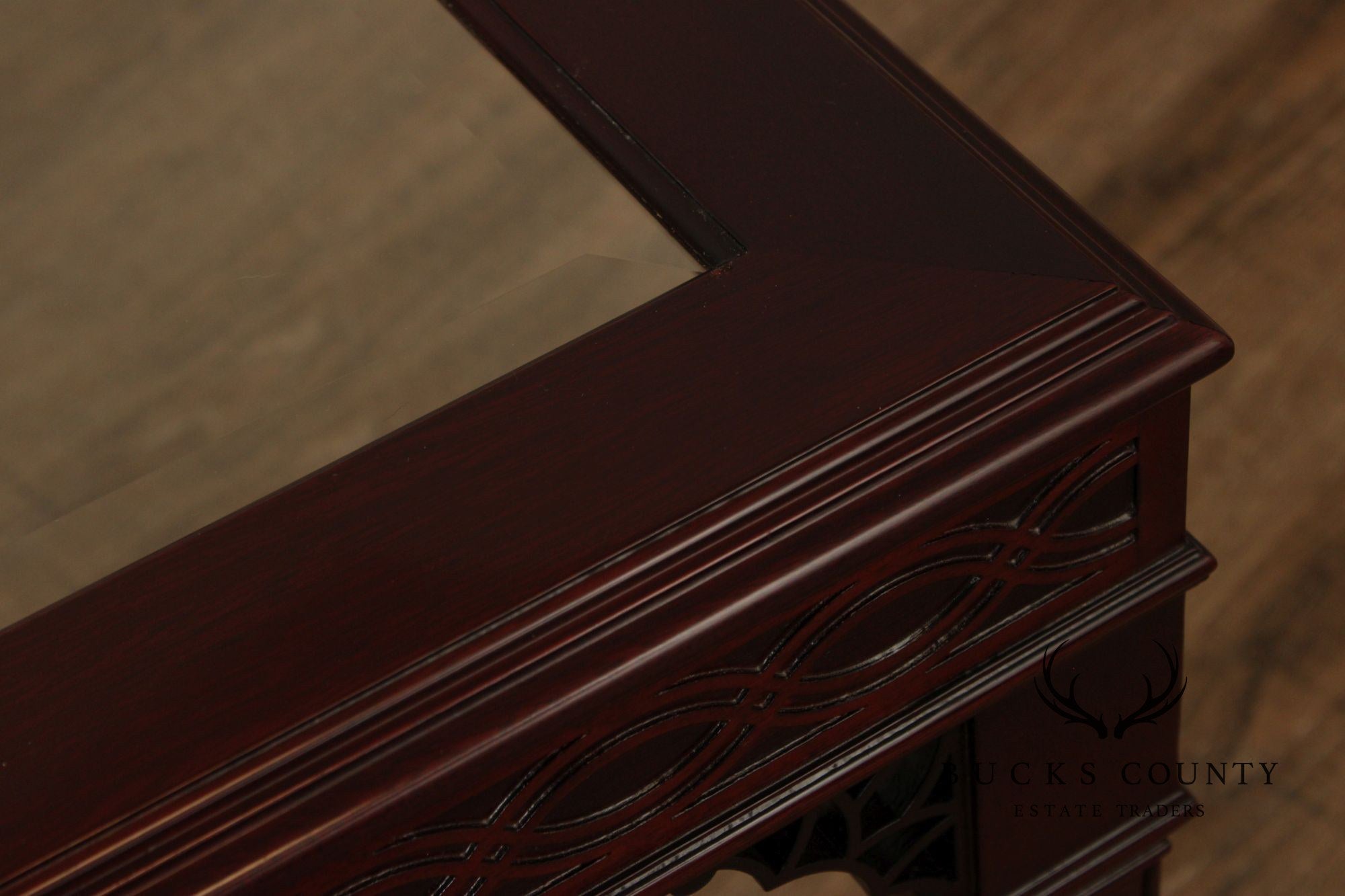 Kindel Chinese Chippendale Style Glass Top Mahogany Coffee Table