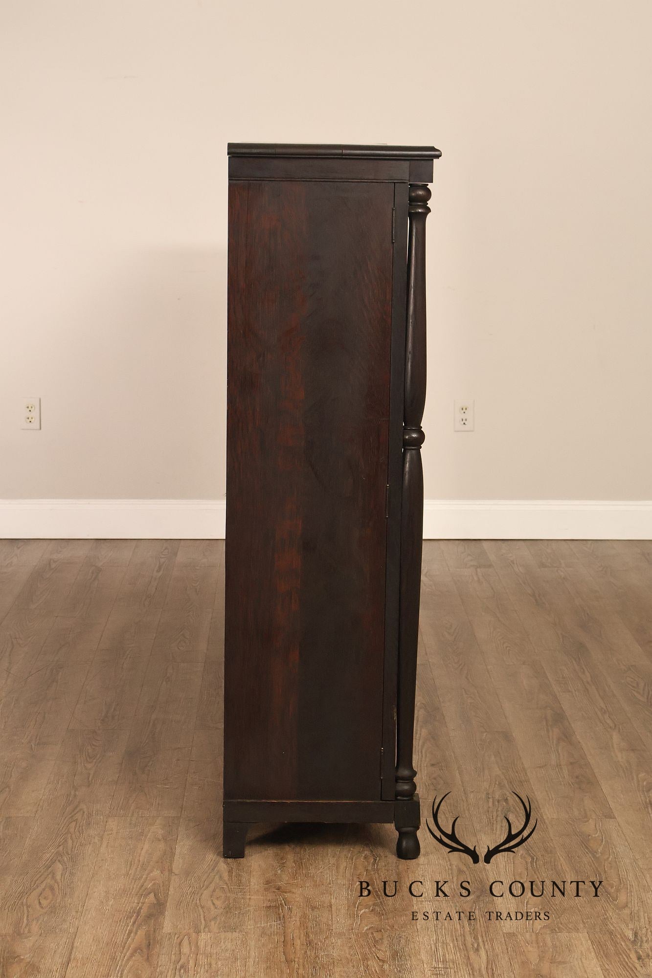 Antique Carved Oak Glass Door Triple Bookcase