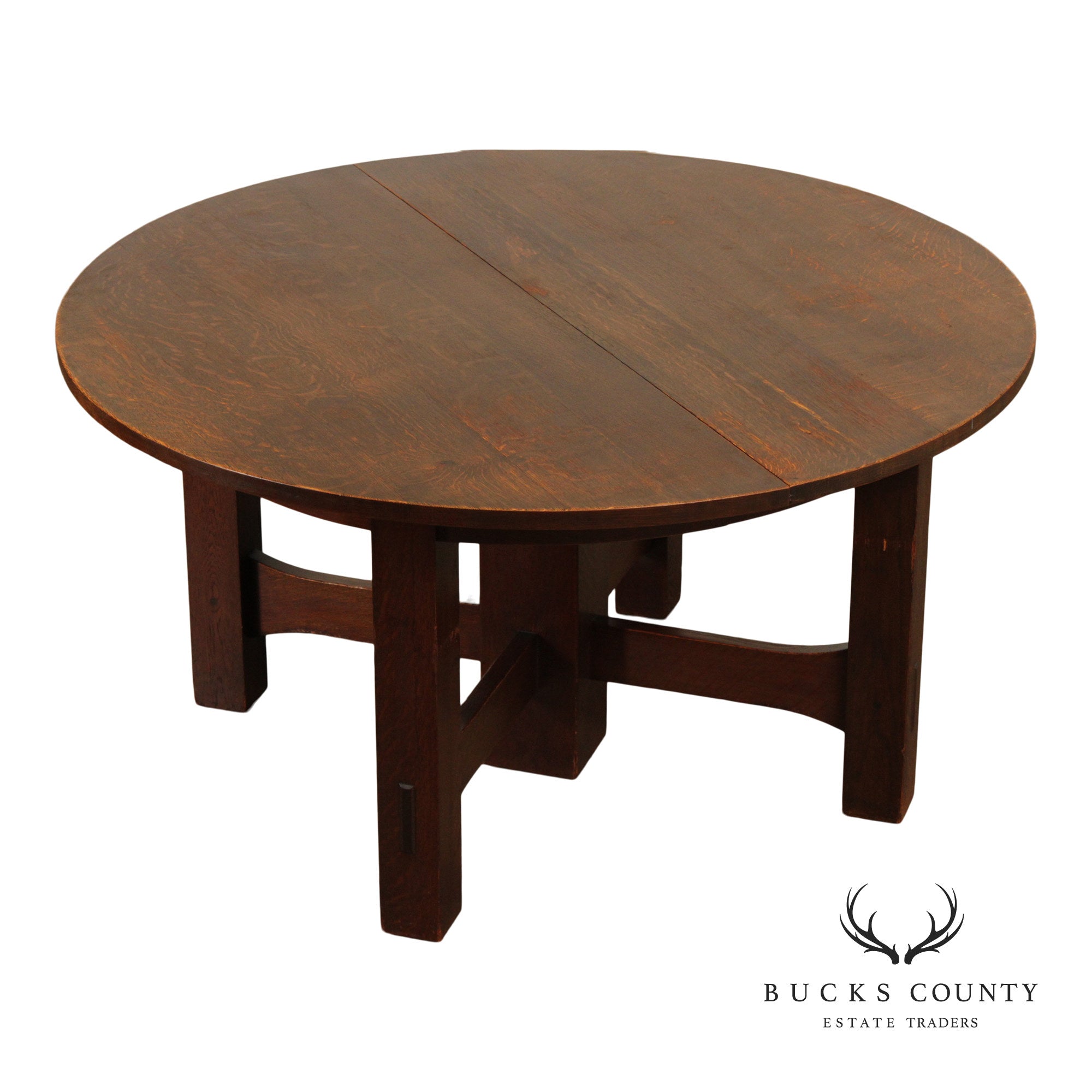 Gustav Stickley Antique Round Mission Oak Expandable Five-Leg Dining Table