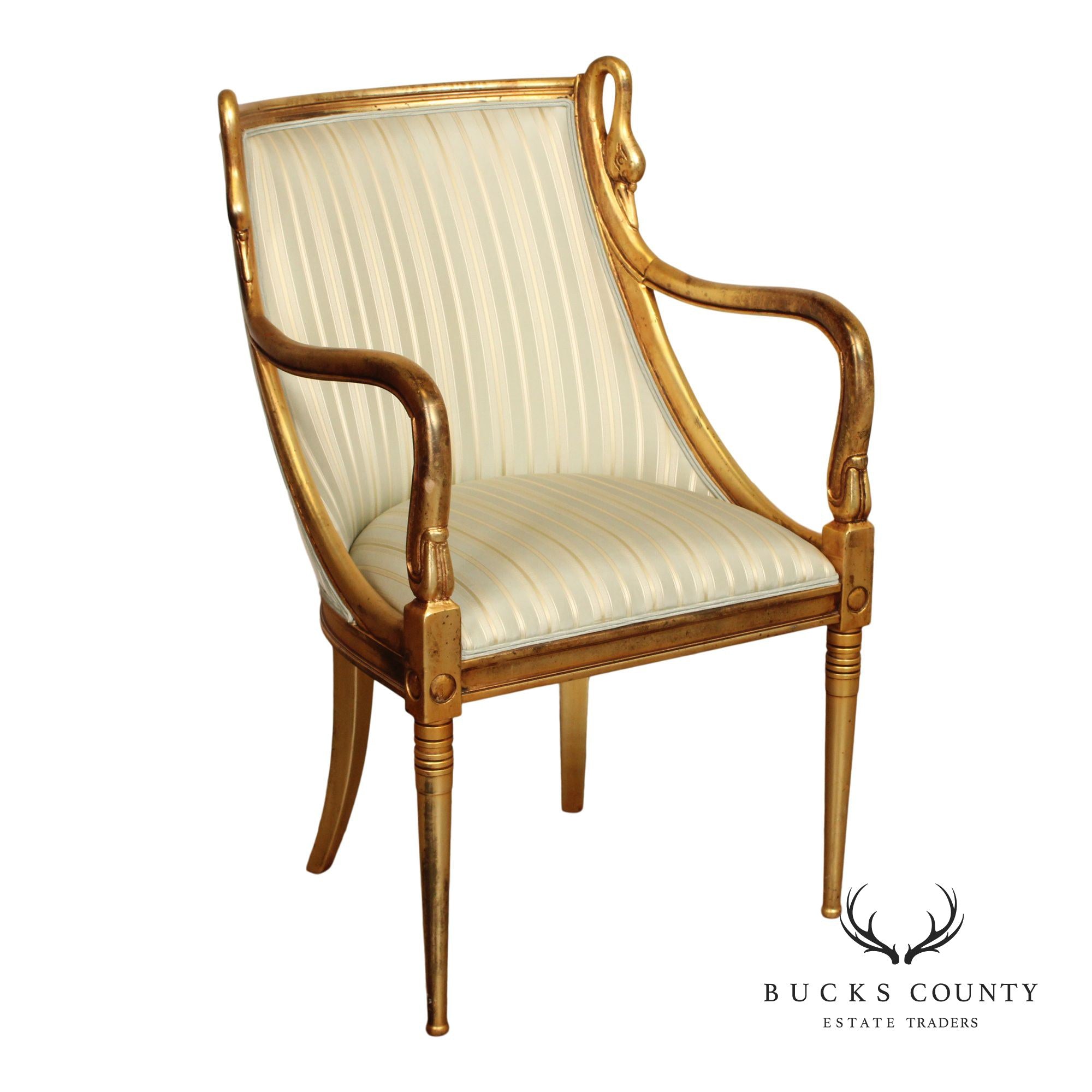 French Empire Style Vintage Swan Carved Giltwood Armchair