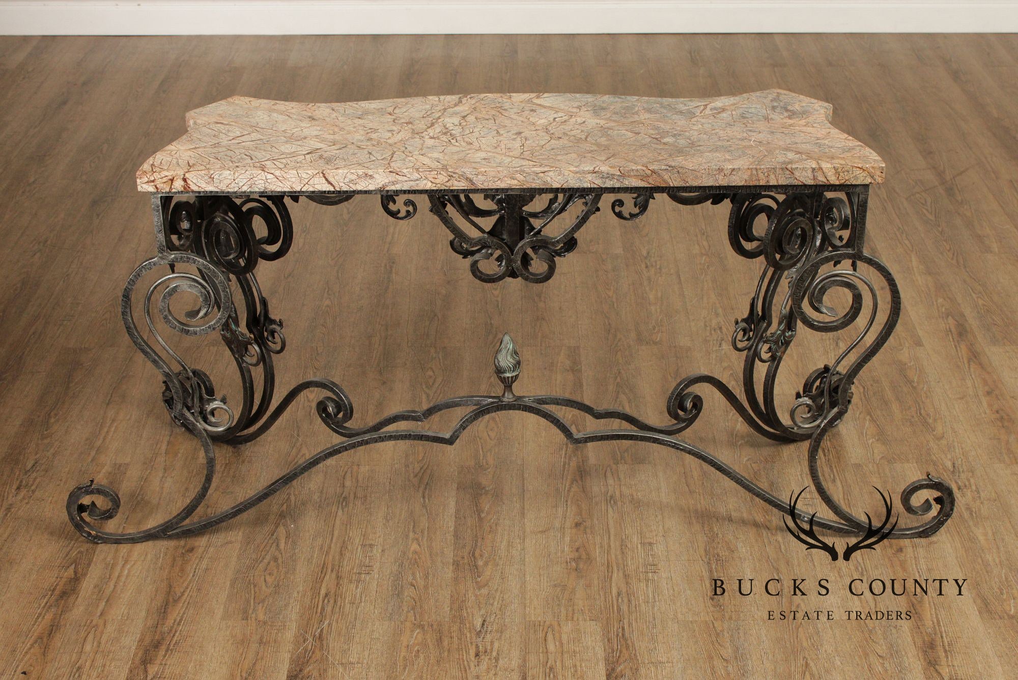 Maitland Smith Italian Rococo Style Scrolled Iron And Bronze Marble Top Console Table