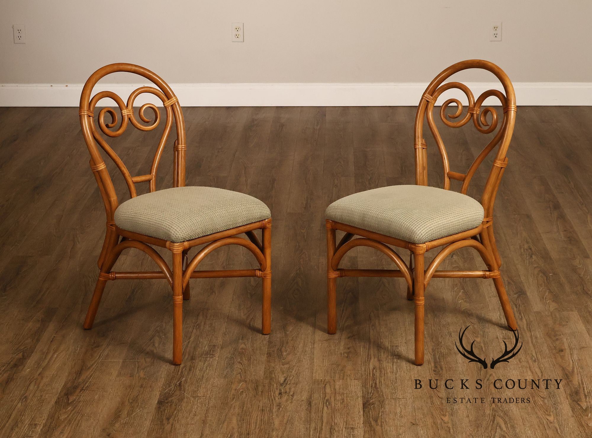 Coastal Style Pair Of Rattan Dining Chairs With Upholstered Seats