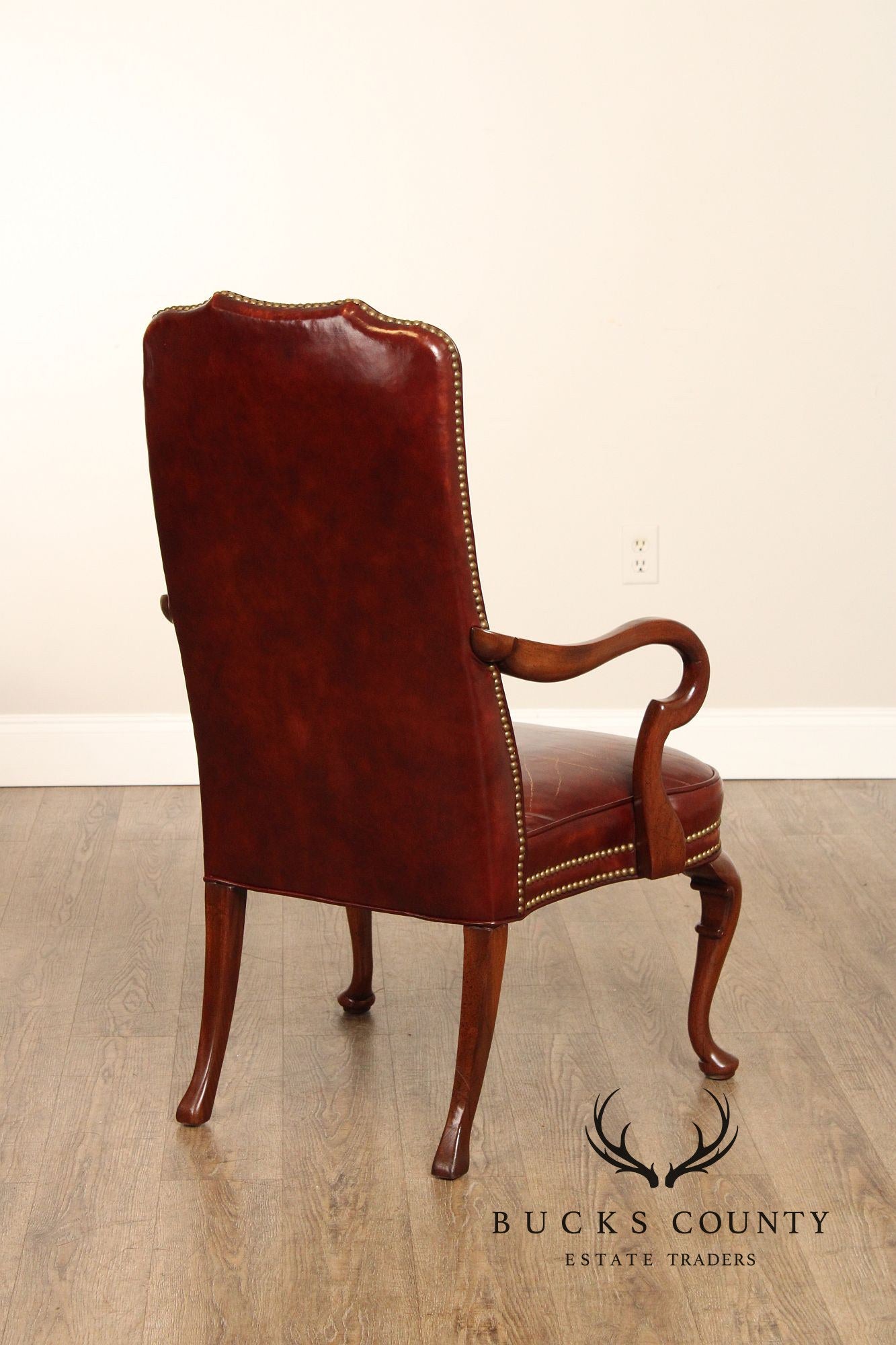 Hickory Chair Queen Anne Style Mahogany and Vintage Leather Armchair