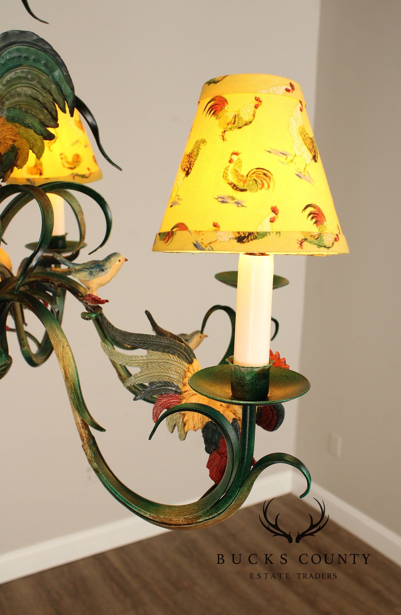 Farmhouse Style Painted Tole Rooster Chandelier