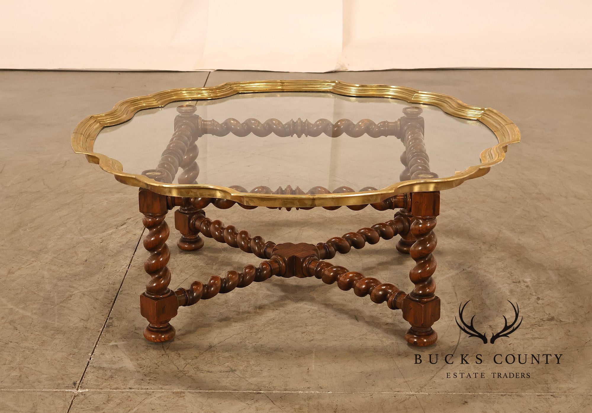 Baker Vintage Oak Barley Twist Scalloped Brass And Glass Top Coffee Table