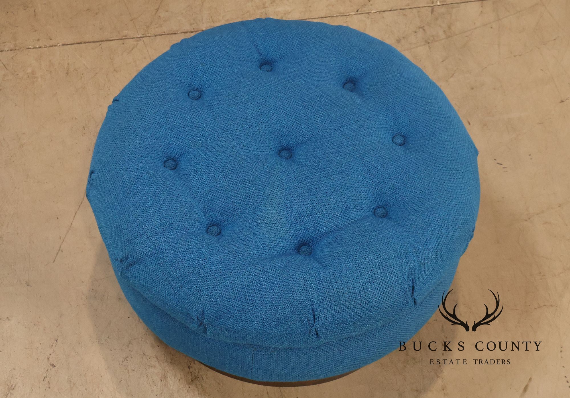 Vintage Schnadig Mid Century Modern Round Blue Upholstered Ottoman