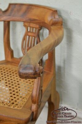 Anglo Indian Solid Padauk Wood Carved Lyre Back Cane Seat Arm Chair