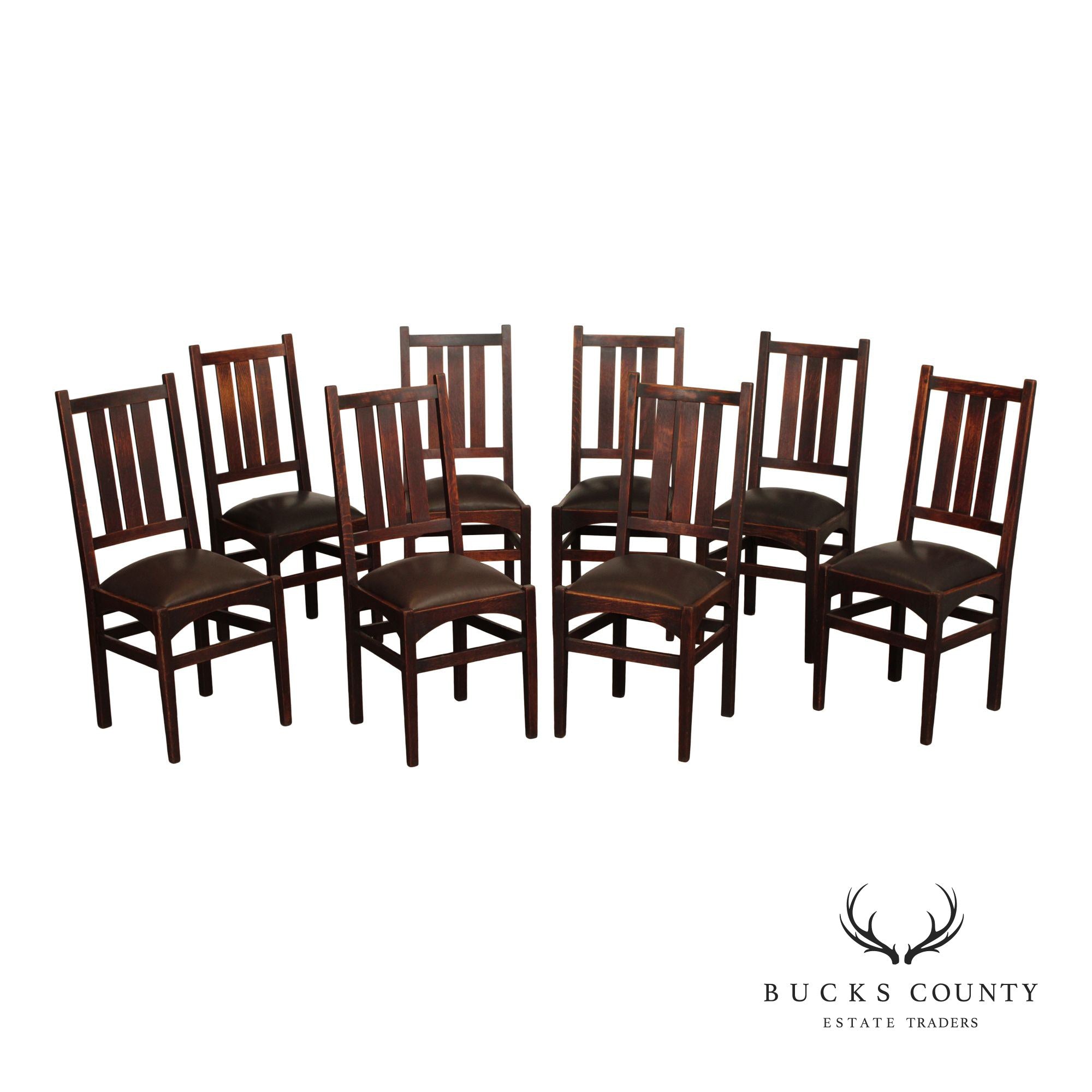 Gustav Stickley Harvey Ellis Set of Eight Oak and Leather Dining Chairs