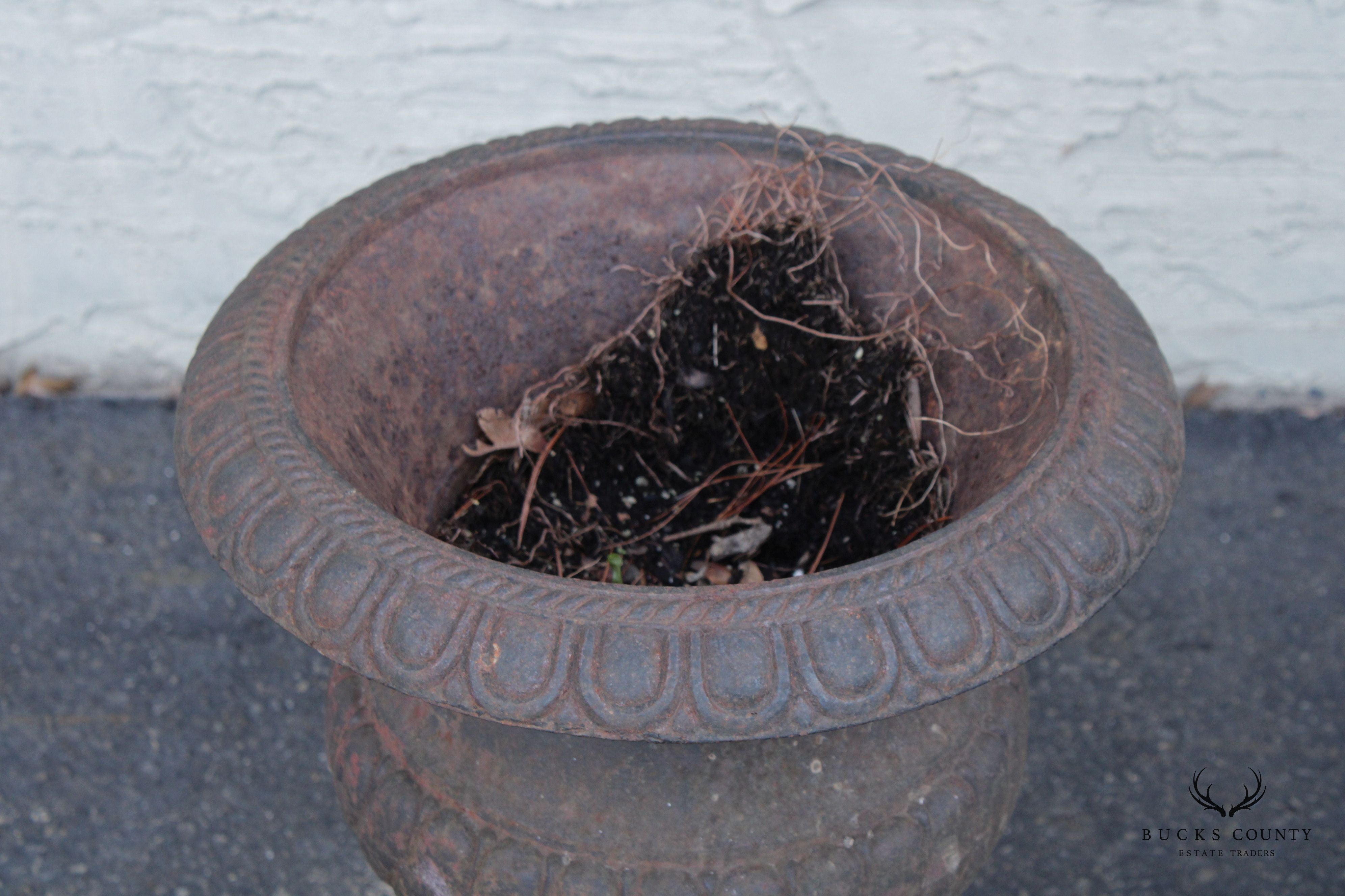 French Style Vintage Pair of Cast Iron Garden Urns