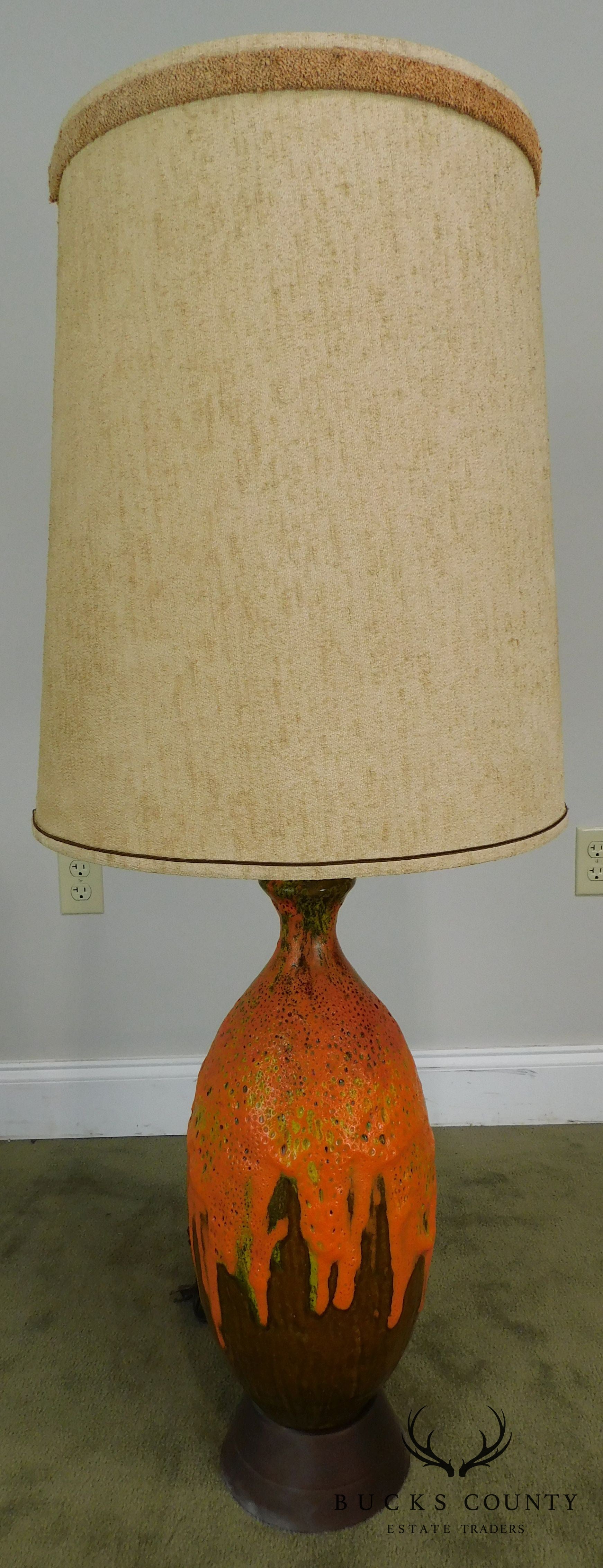 Mid Century Orange Lava Drip Glaze Ceramic Pottery Table Lamp