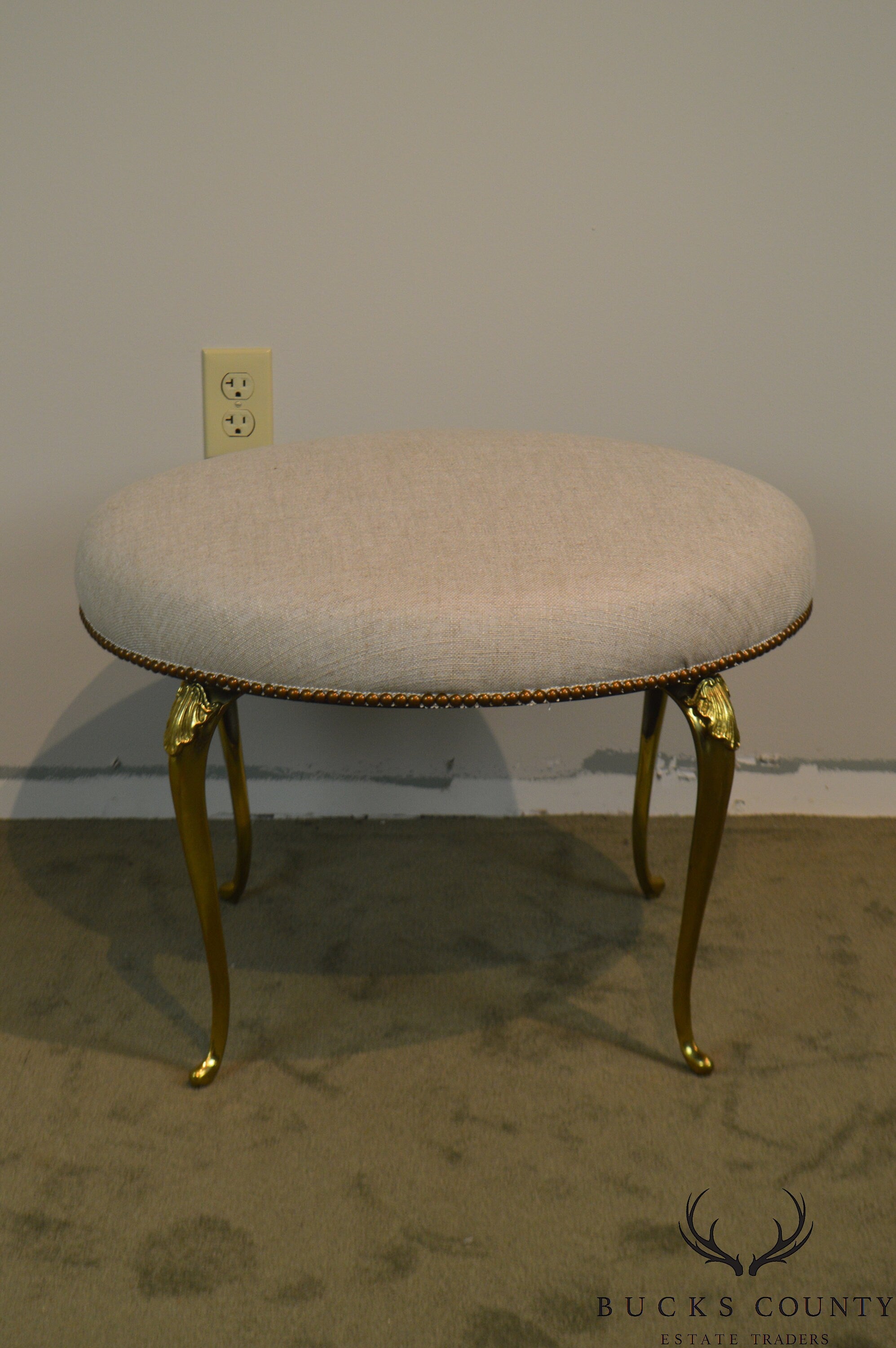 Italian Vintage Brass Frame Round Ottoman or Stool