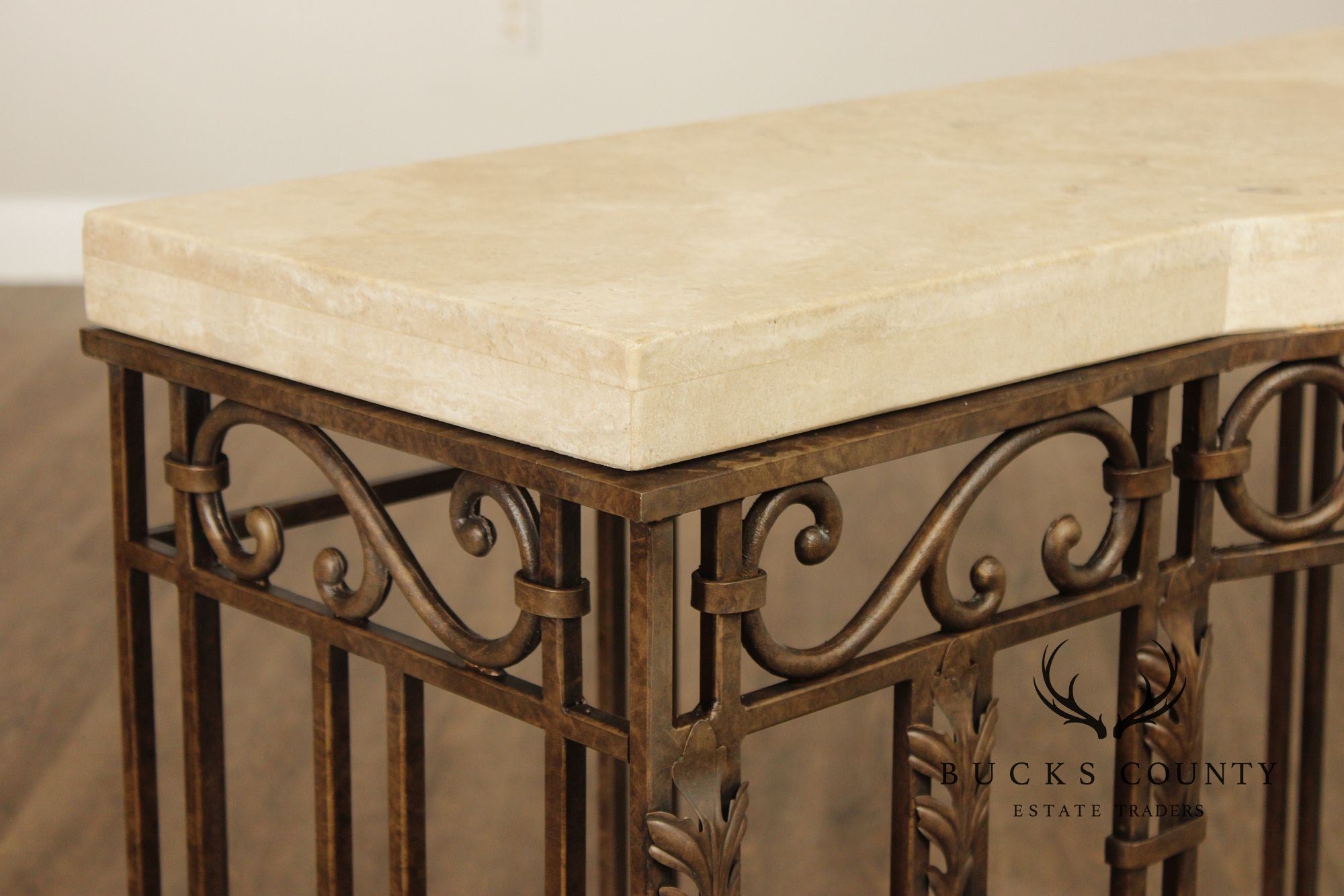 Wrought Iron Travertine Top Long Console Table