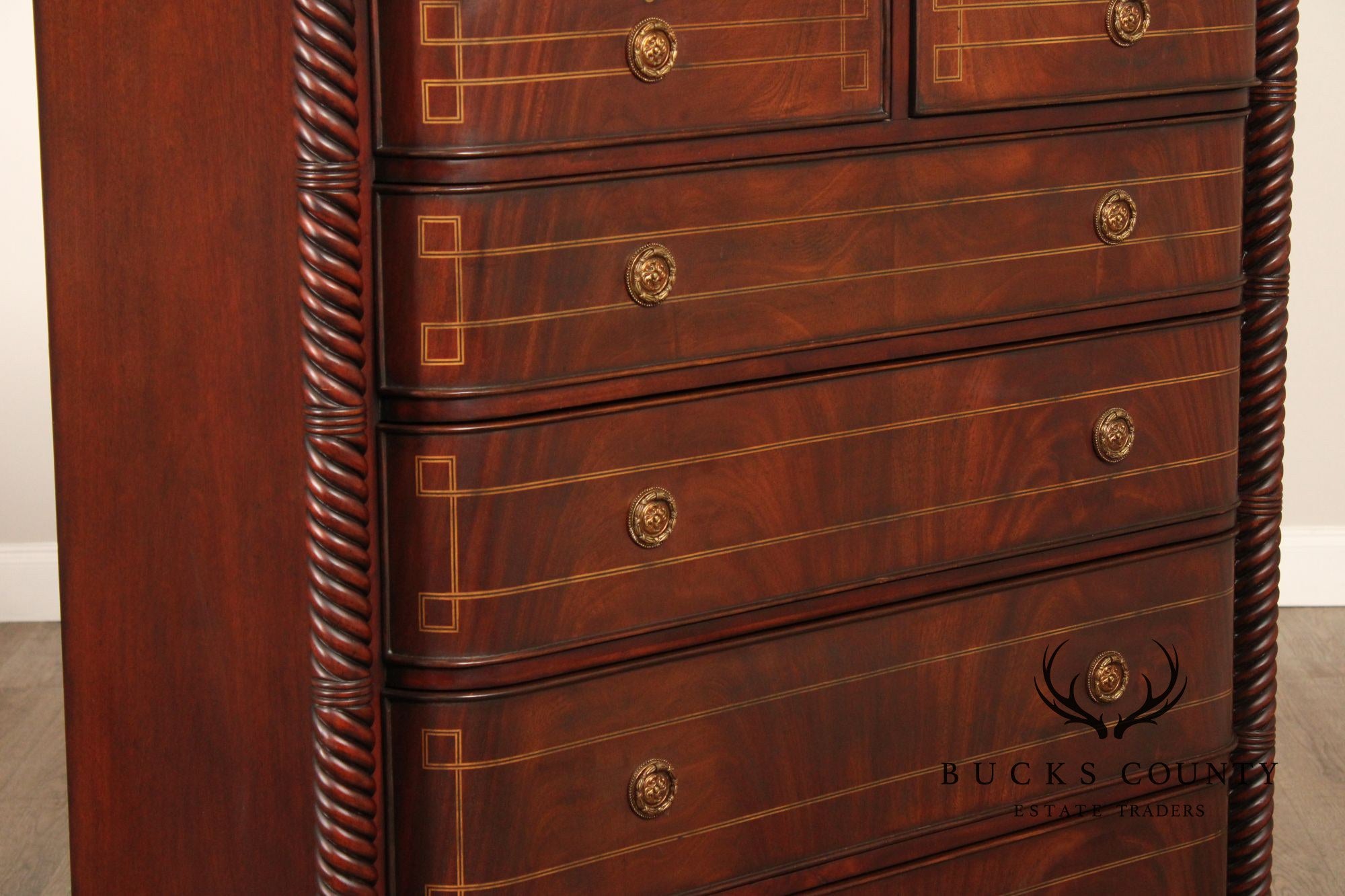 Edwardian Style Custom Mahogany Inlaid High Chest Of Drawers