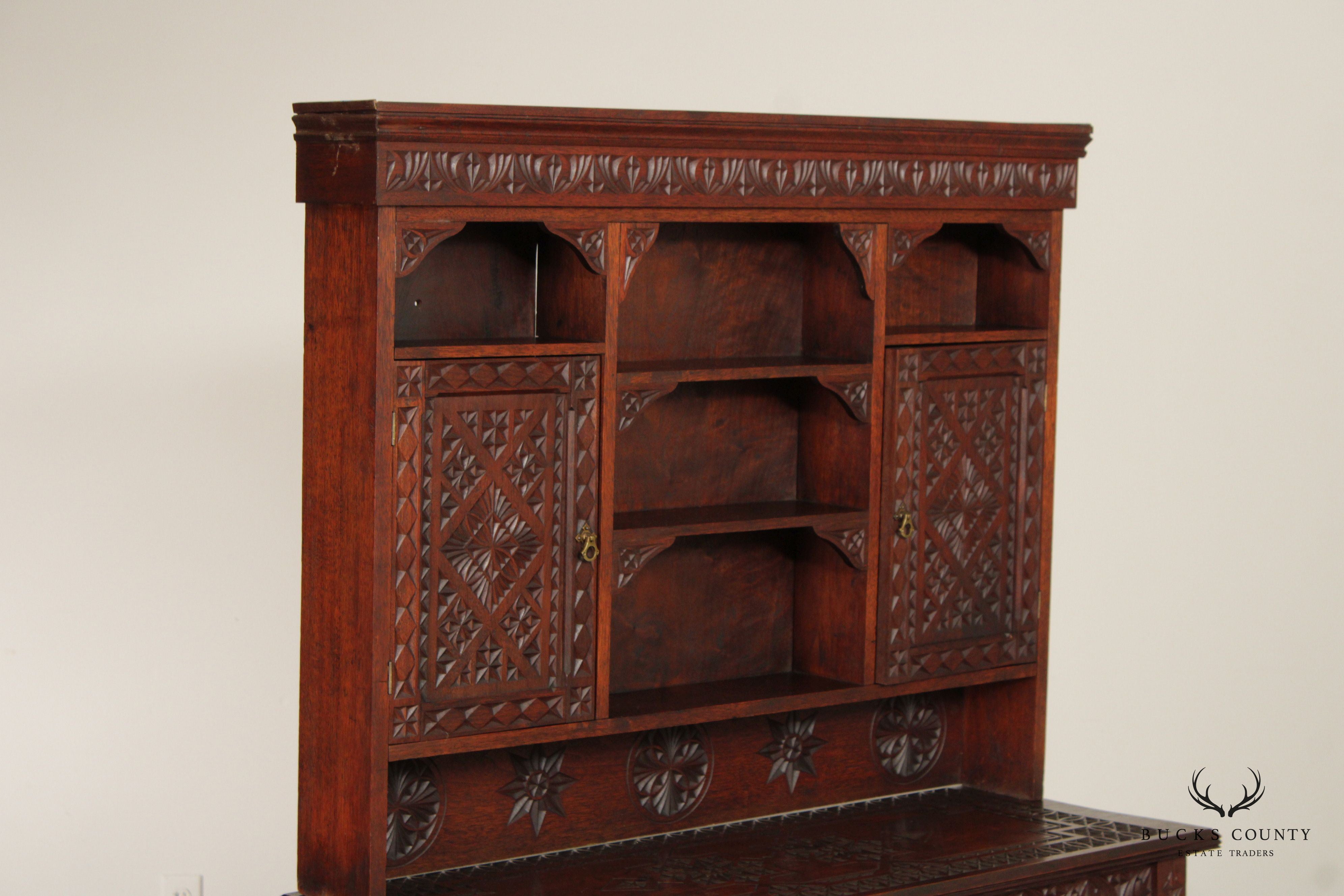 Vintage Moroccan Carved Hard Wood Two-Piece Server Cabinet