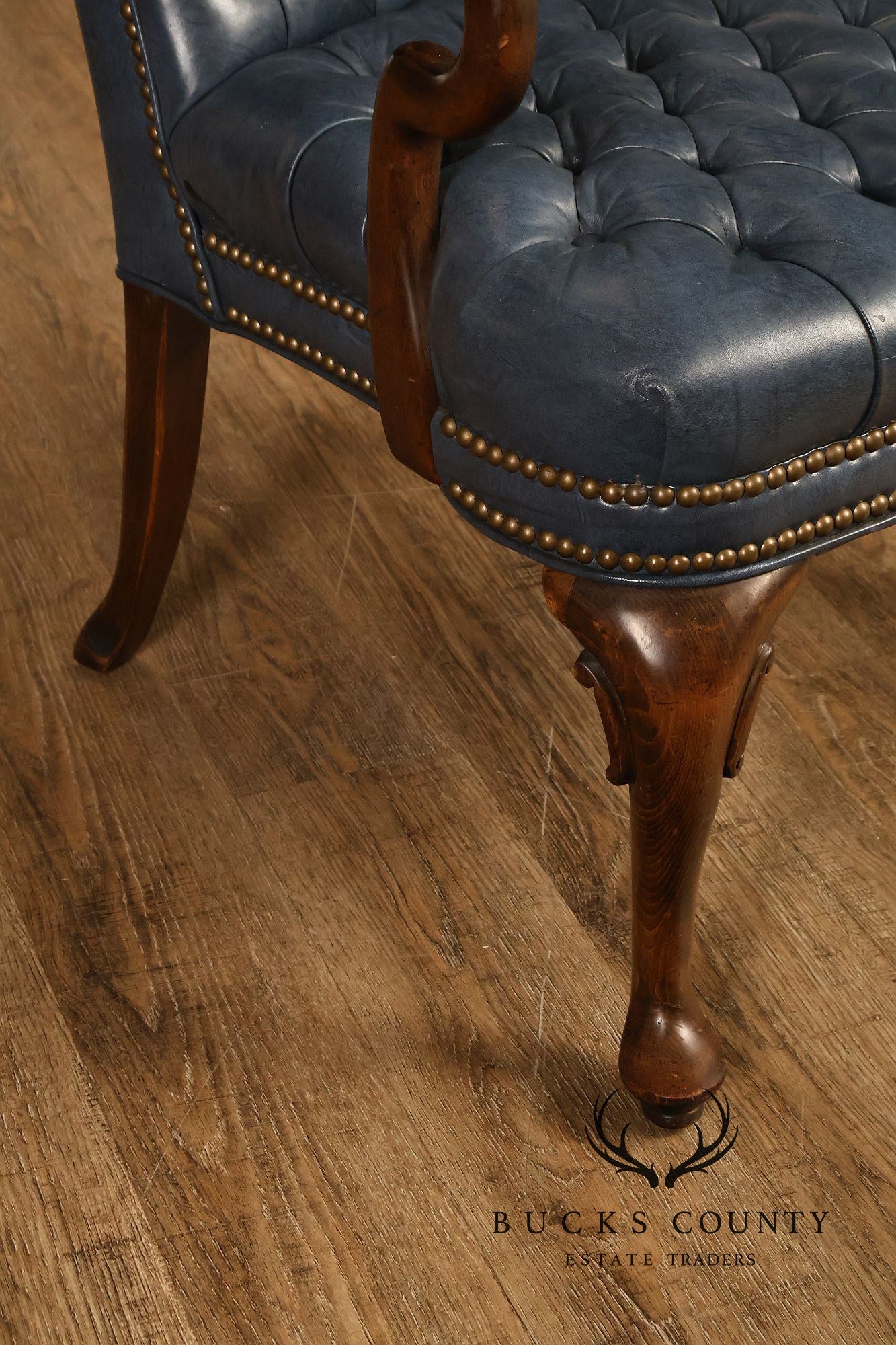 Ethan Allen Queen Anne Style Pair of Tufted Leather Library Armchairs