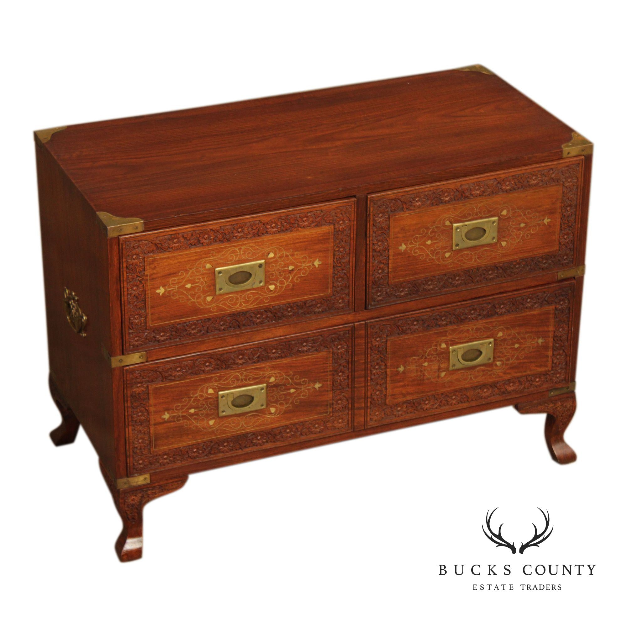 Brass Inlaid And Carved Teak Four Drawer Campaign Chest