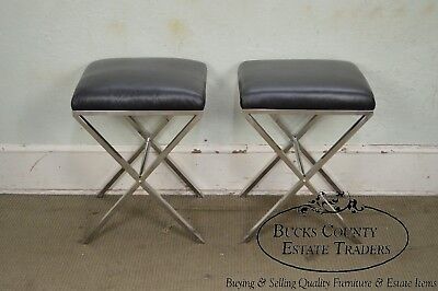 X Base Pair of Chrome & Leather Stools