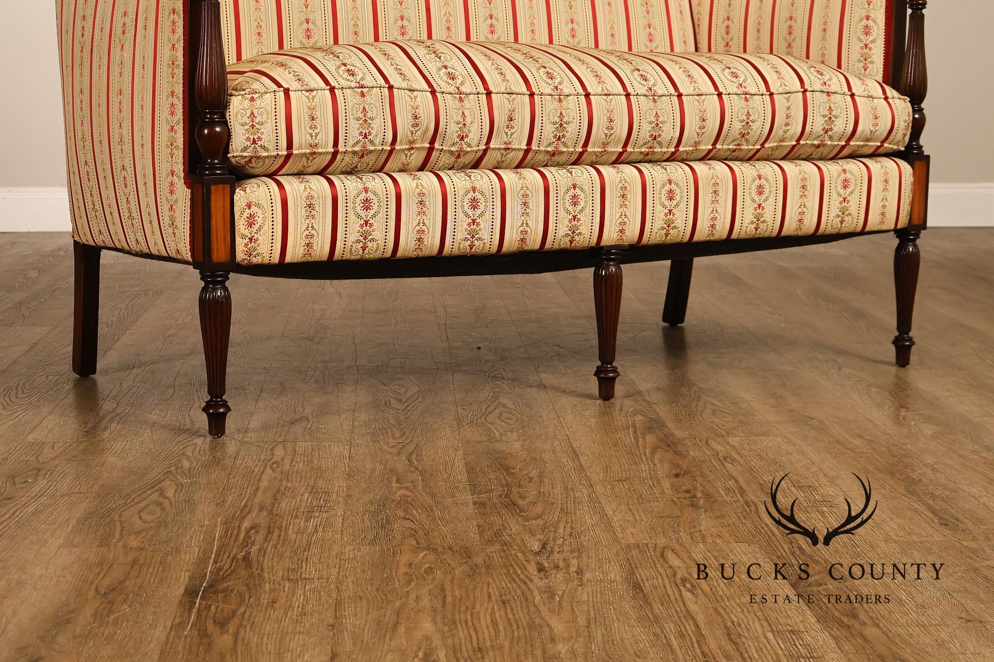 Vintage Sheraton Style Mahogany Inlaid Upholstered Loveseat
