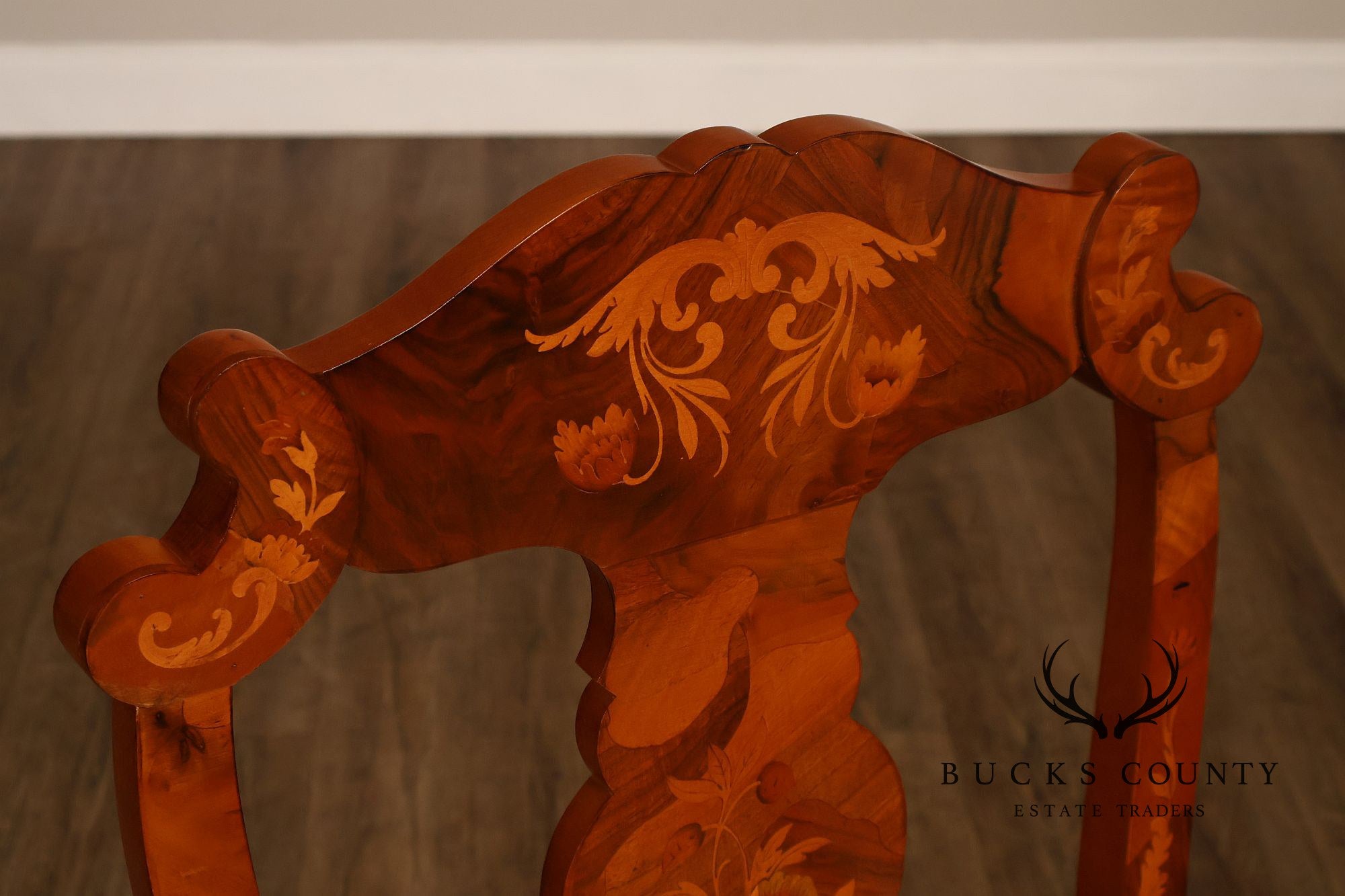 Italian Baroque Style Set of Eight Inlaid Olive Wood Dining Chairs