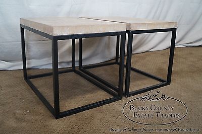 Jonathan Charles Cerused Oak Pair of Iron Base Side Tables