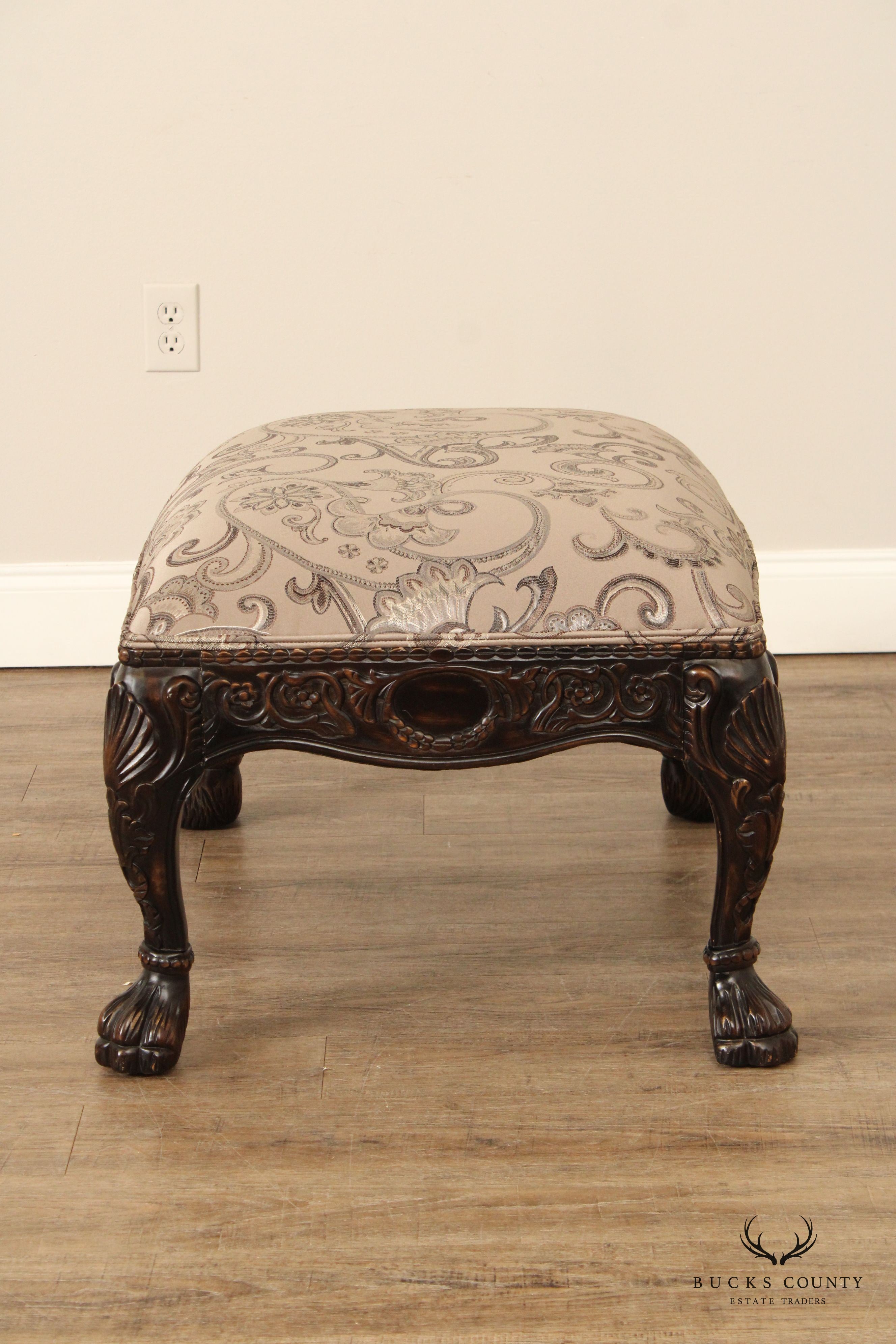 Modern Georgian Style Wide Seat Pair Of Carved Frame Custom Upholstered Armchairs With Ottoman