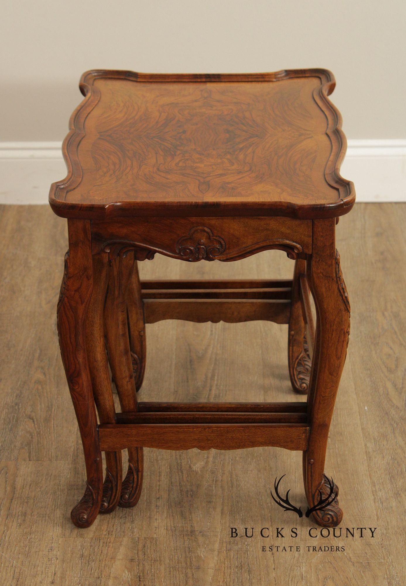 French Louis XV Style Set of Three Burl Walnut Nesting Tables