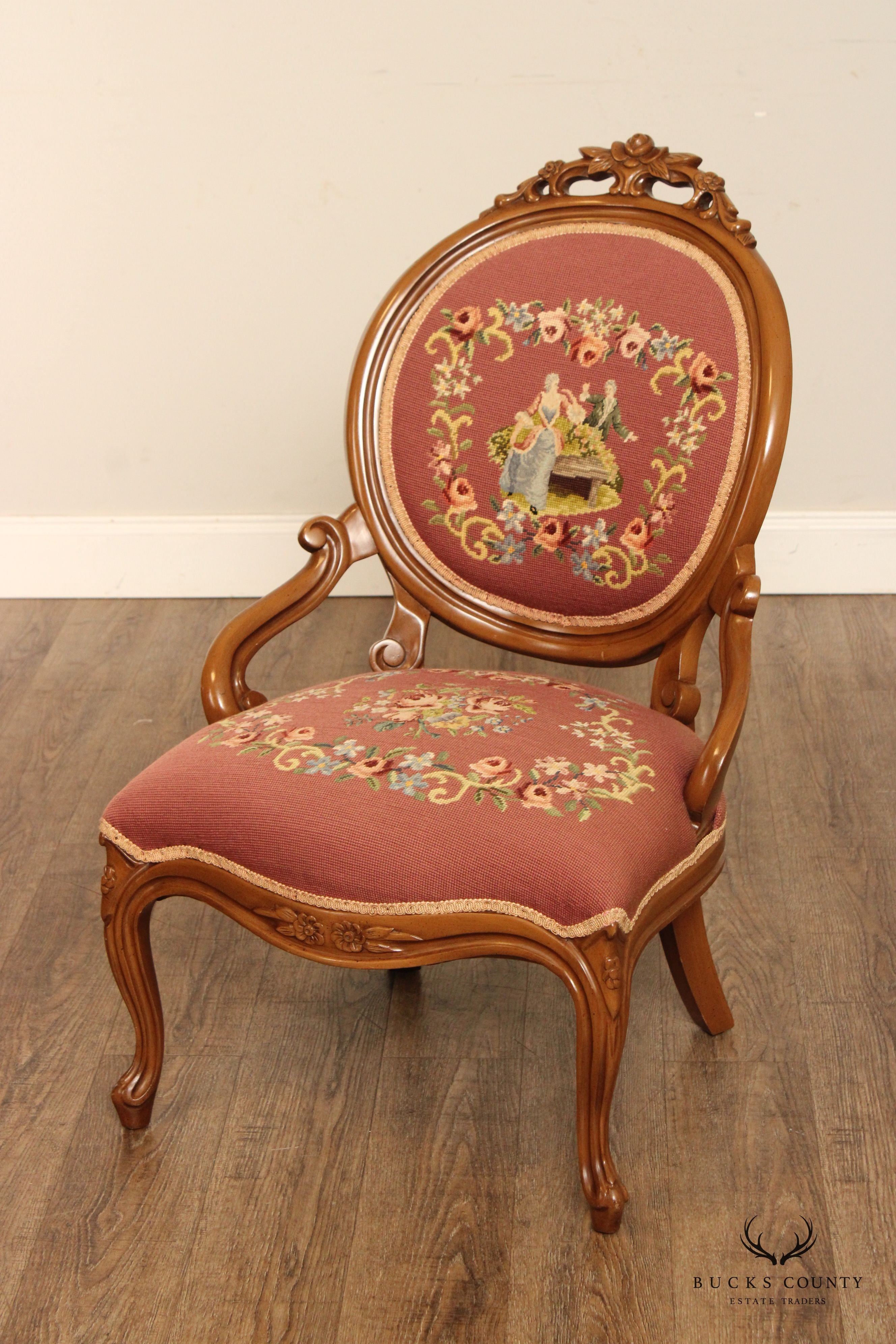 Victorian Pair of Needlepoint Upholstered Parlor Armchairs