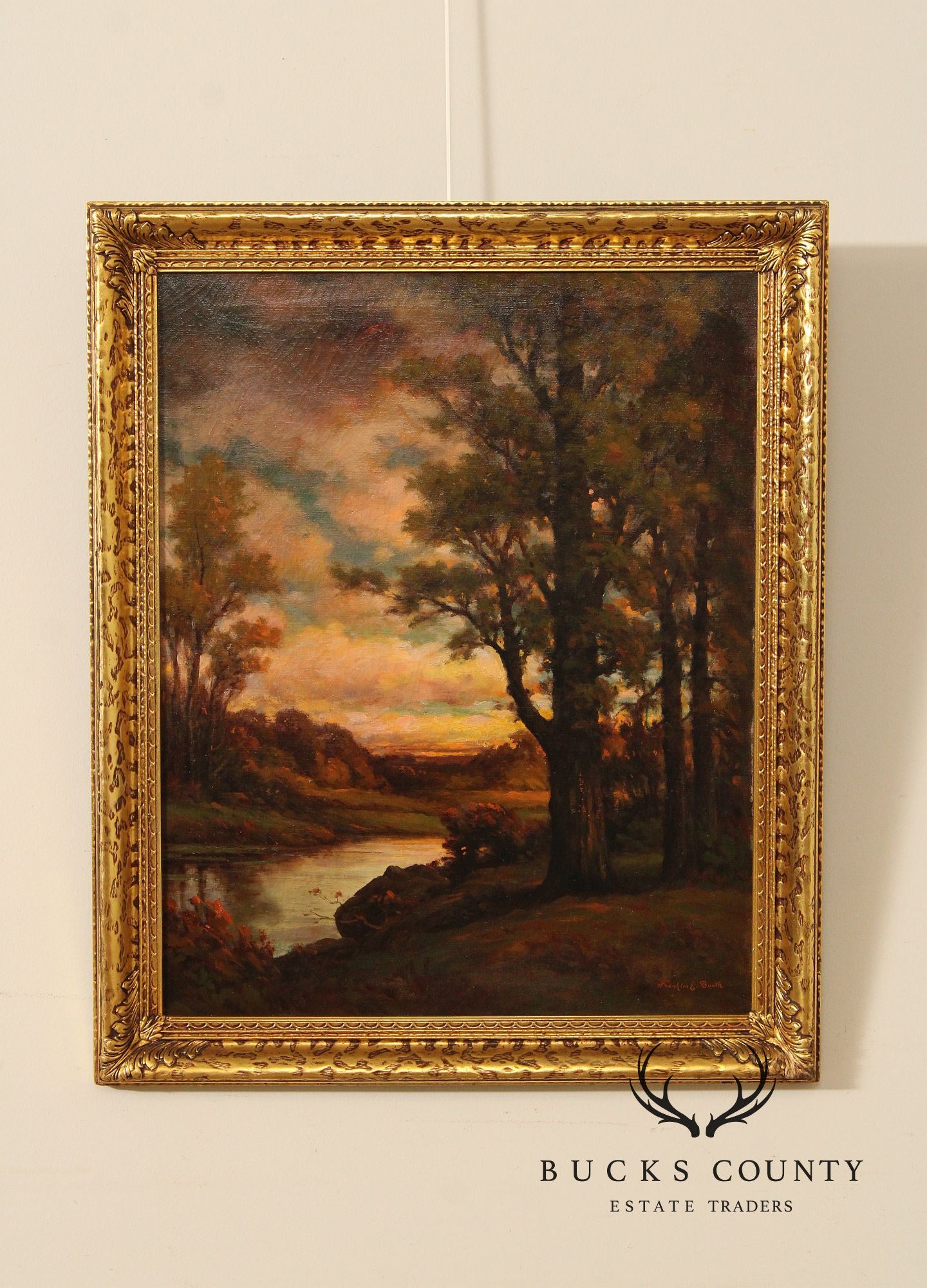 Franklin E. Booth Framed Oil Painting, Riverbank at Sunset