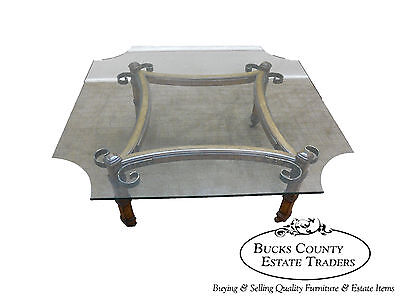 Vintage Spanish Mediterranean Style Walnut Scrolled Metal Glass Top Coffee Table