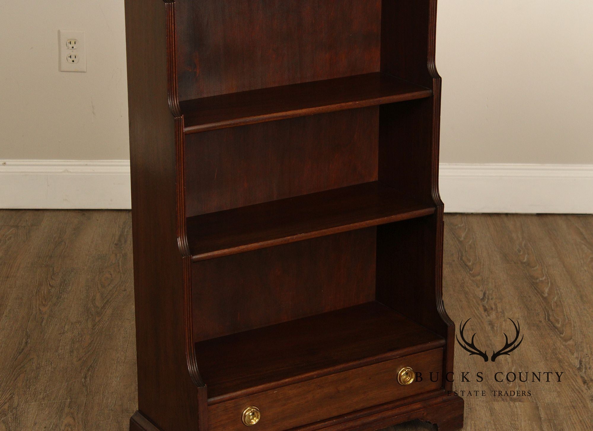 Vintage Georgian Style Narrow Mahogany Waterfall Open Bookcase With Drawer