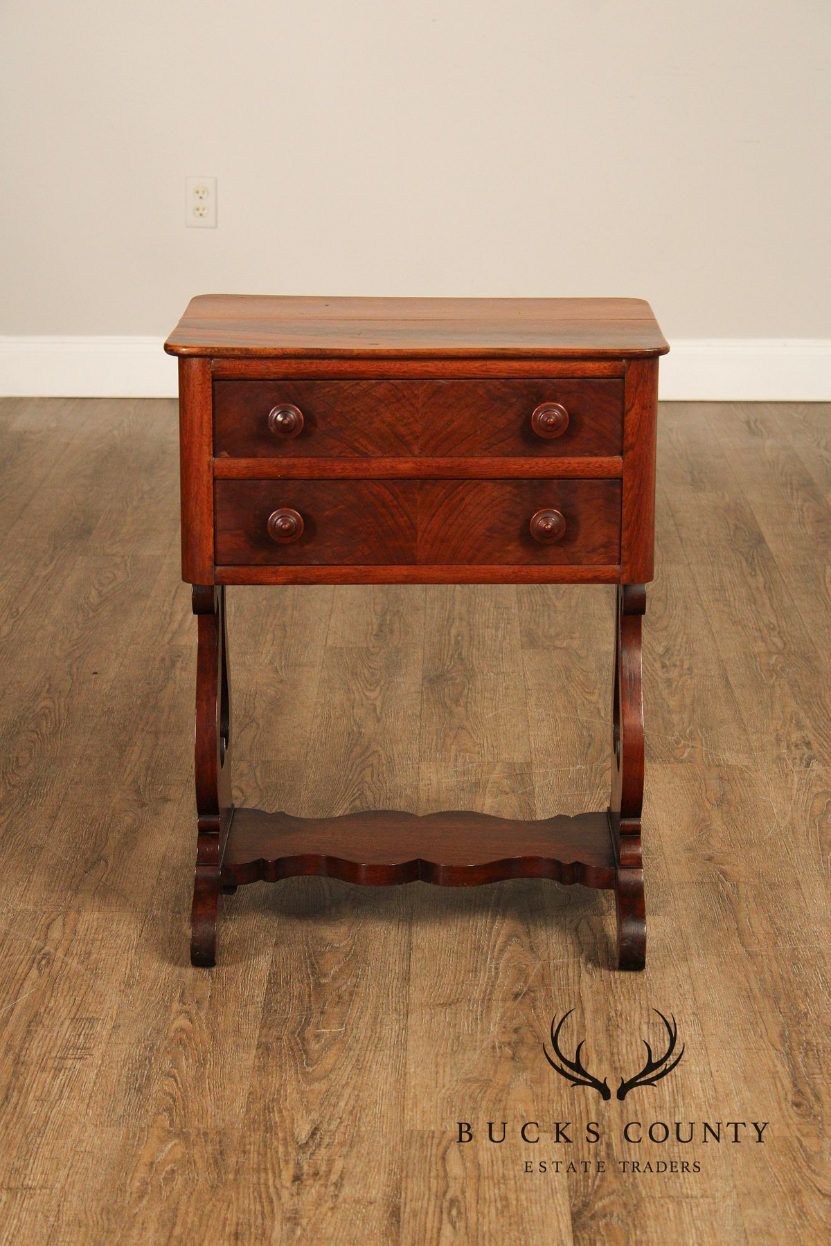 Antique American Empire Mahogany Lyre Form Two-Drawer Work Table