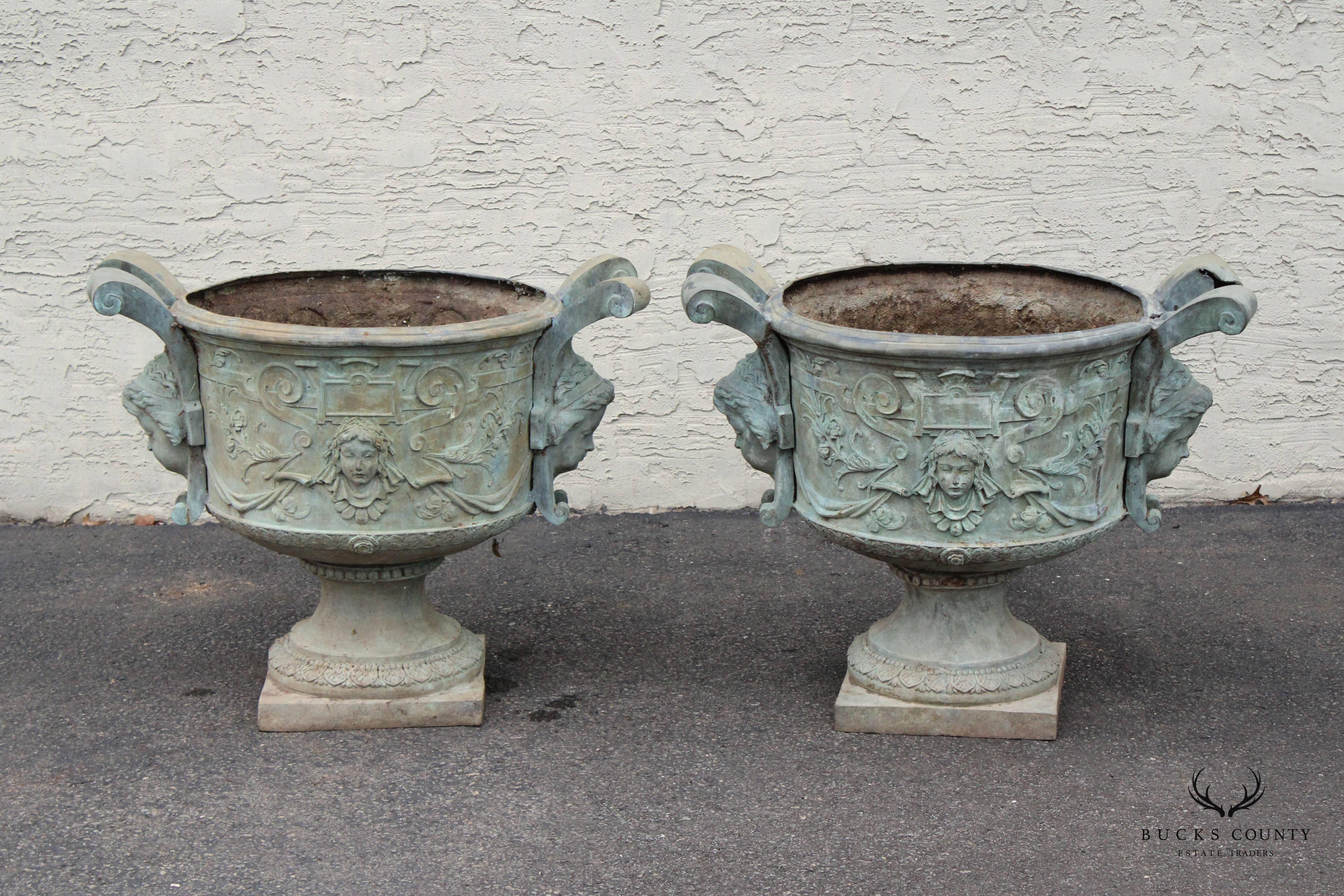 Antique Pair of Lead Alloy Outdoor Garden Urns