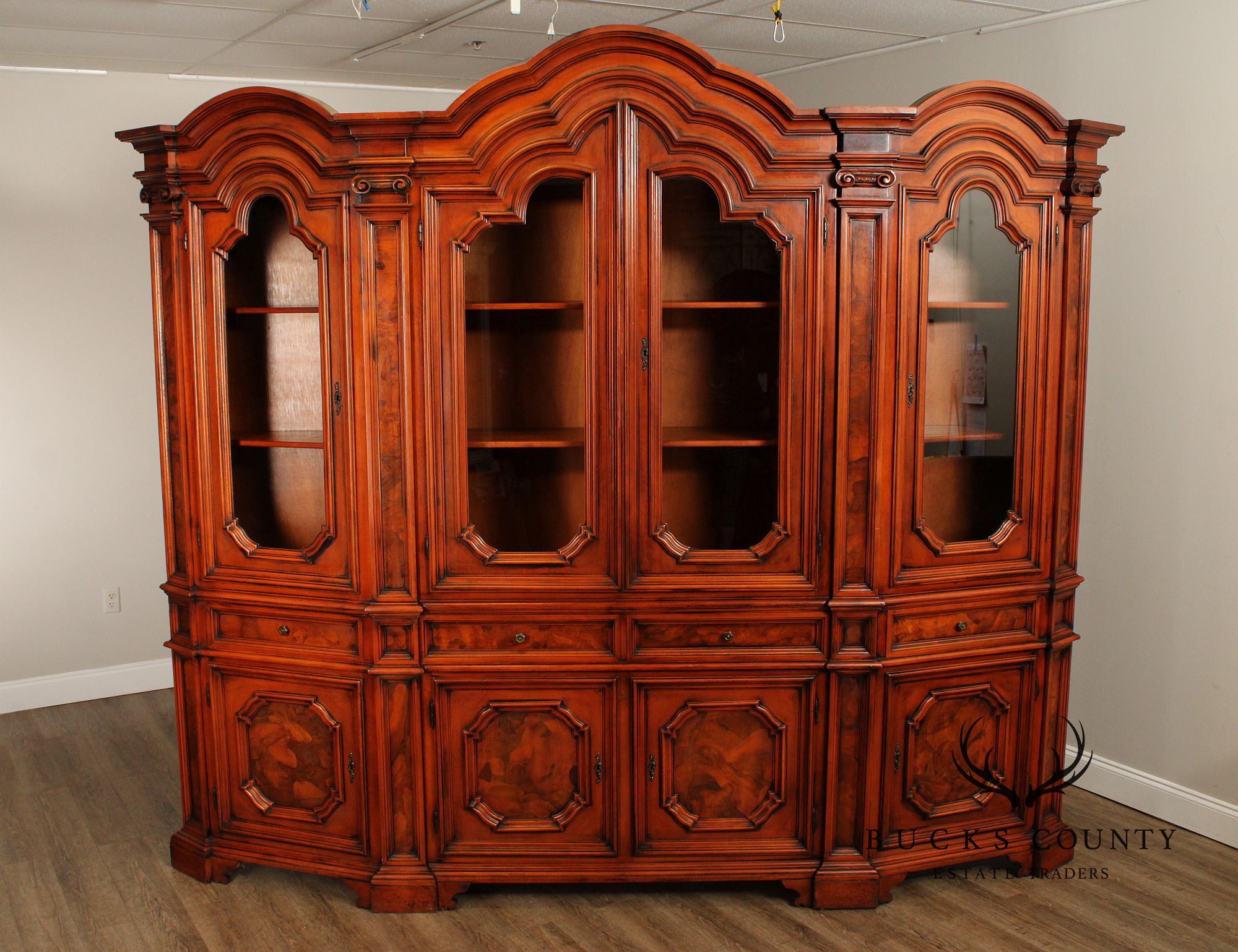 Italian Burlwood Monumental Library Bookcase Cabinet