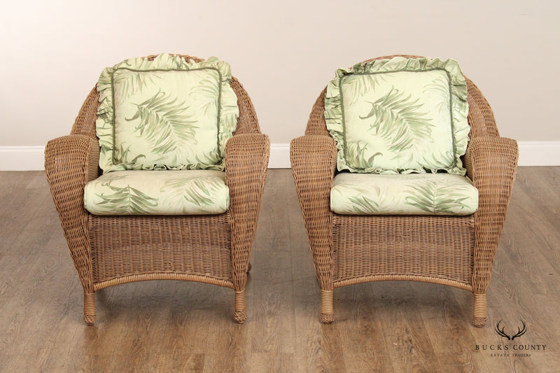 WOVEN WICKER PAIR OF OUTDOOR PATIO LOUNGE CHAIRS