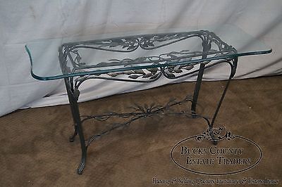 Ornate Leaf Design Iron Glass Top Sofa Table Console