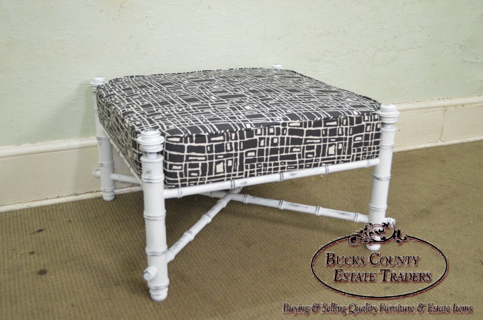 Custom Painted Faux Bamboo Large Square Upholstered Ottoman