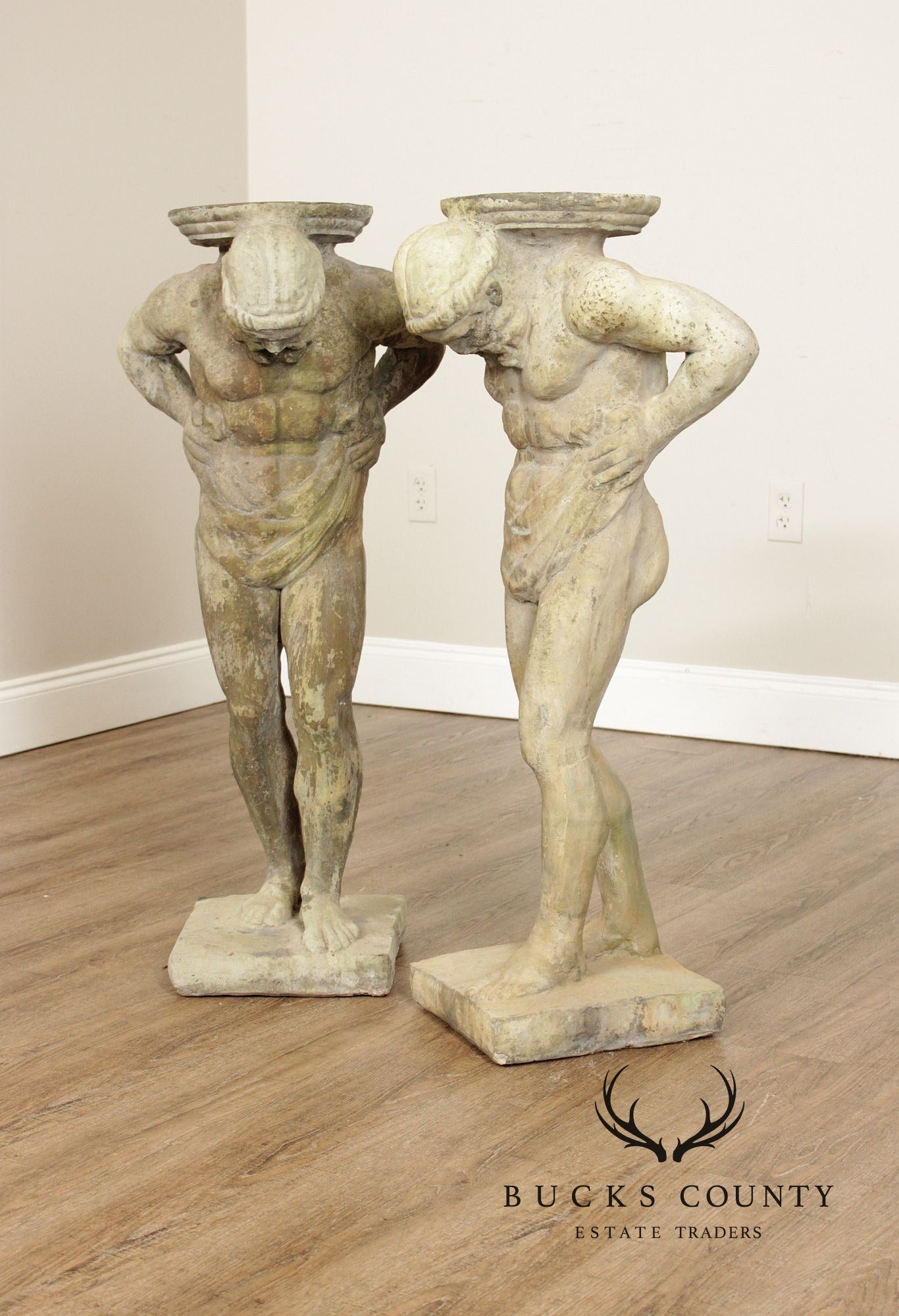 Cast Stone Vintage Pair Of 'Hercules' Figural Garden Statue Pedestals