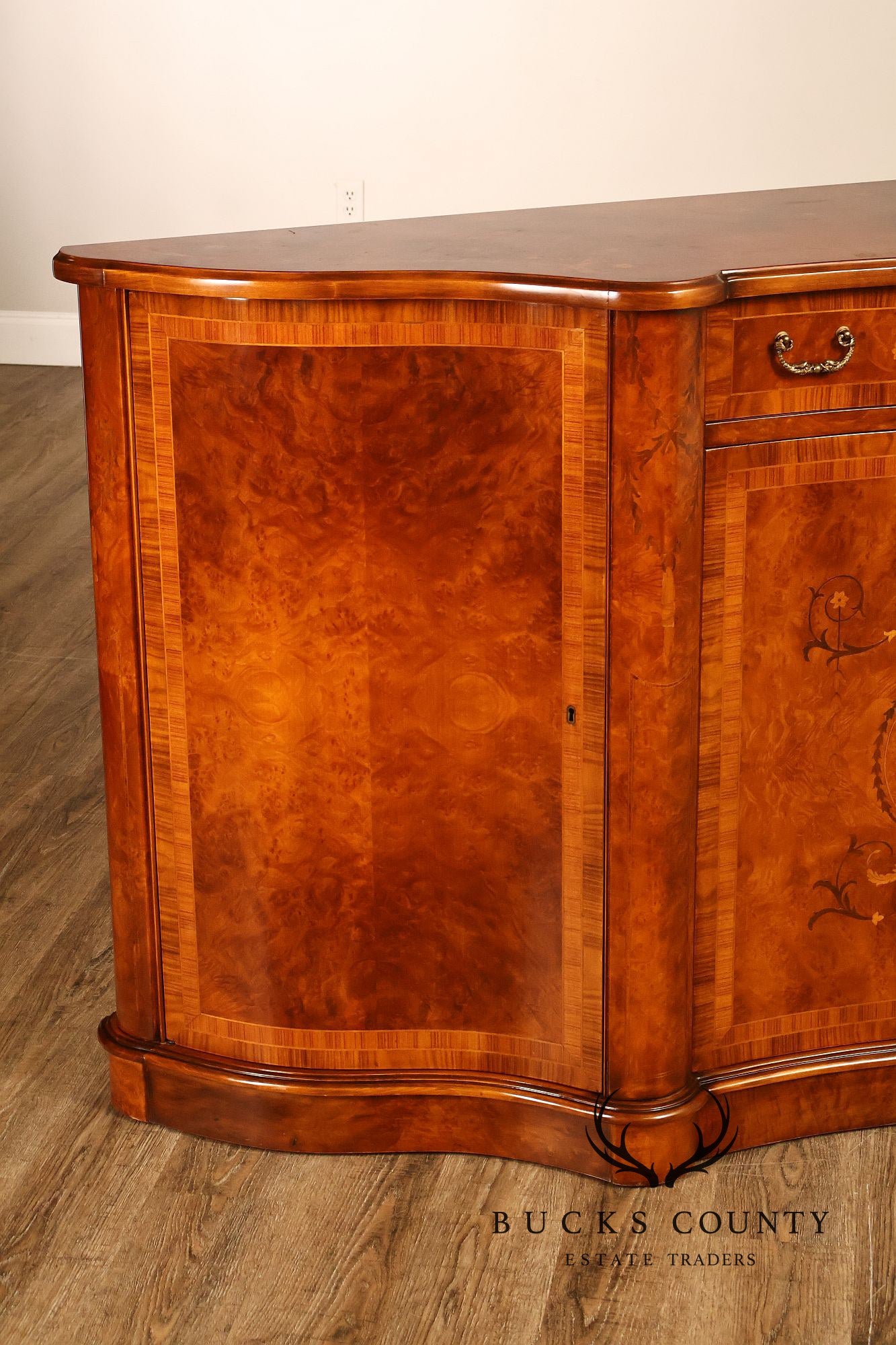 Italian Neoclassical Style Burl Wood Marquetry Inlaid Serpentine Sideboard