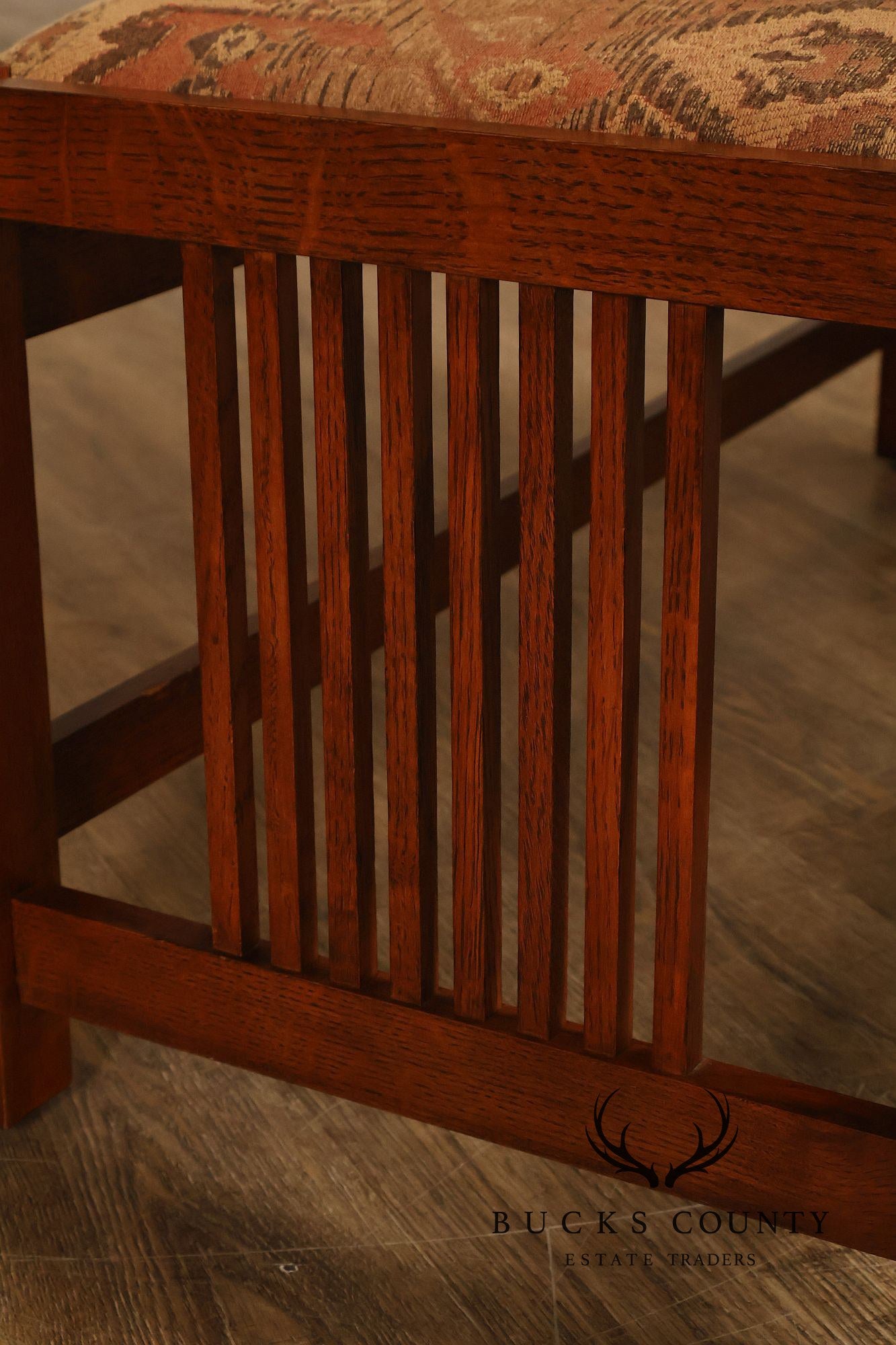 Stickley Mission Collection Oak Spindle Bench With Upholstered Seat