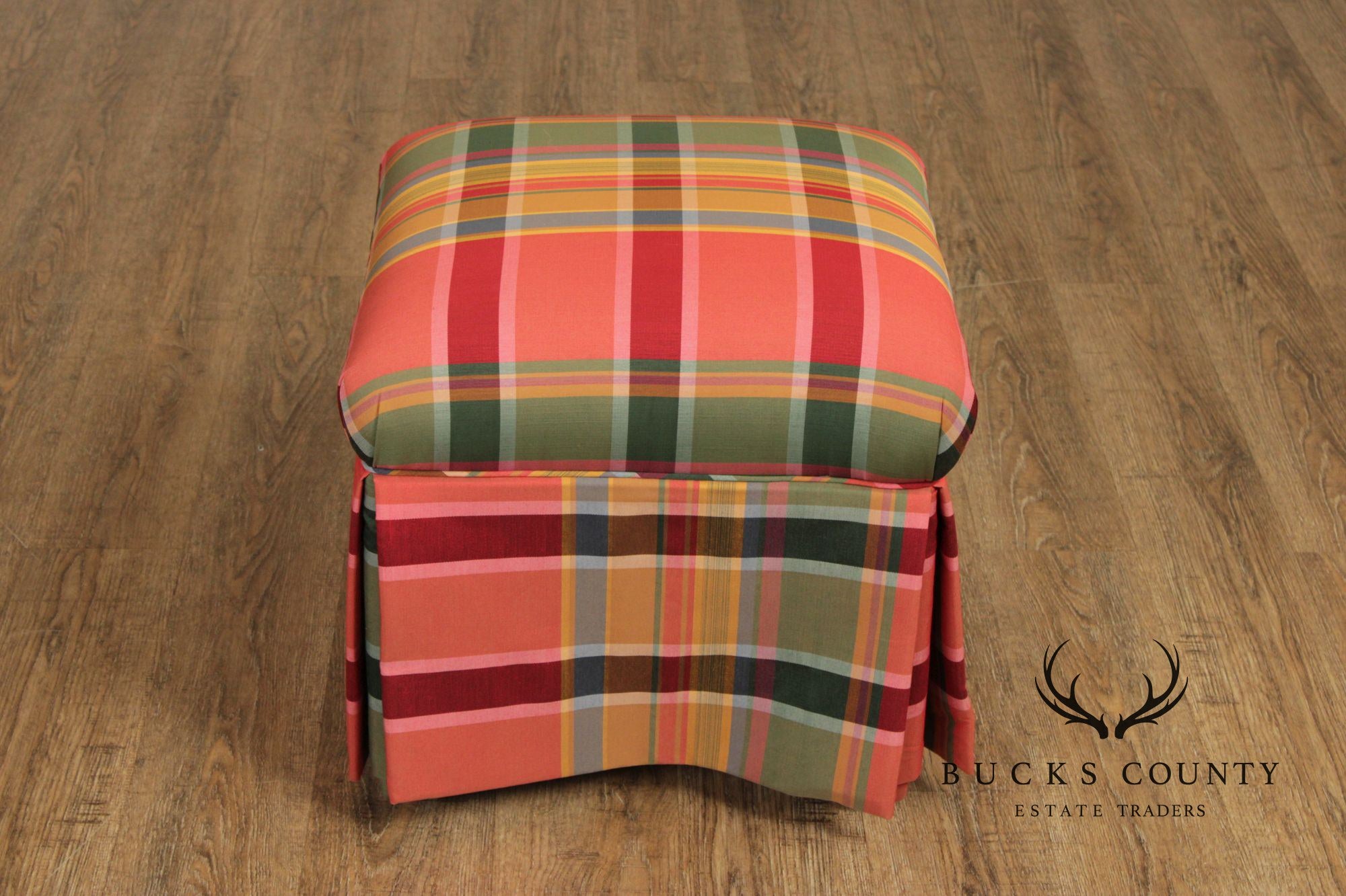 'A Colony Original'  Pair Of Upholstered Plaid Skirted Ottomans