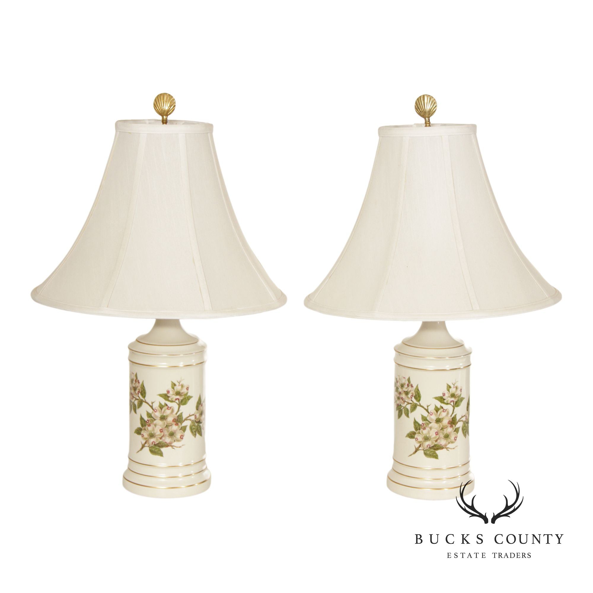 Vintage Pair of Botanical Painted Porcelain Table Lamps