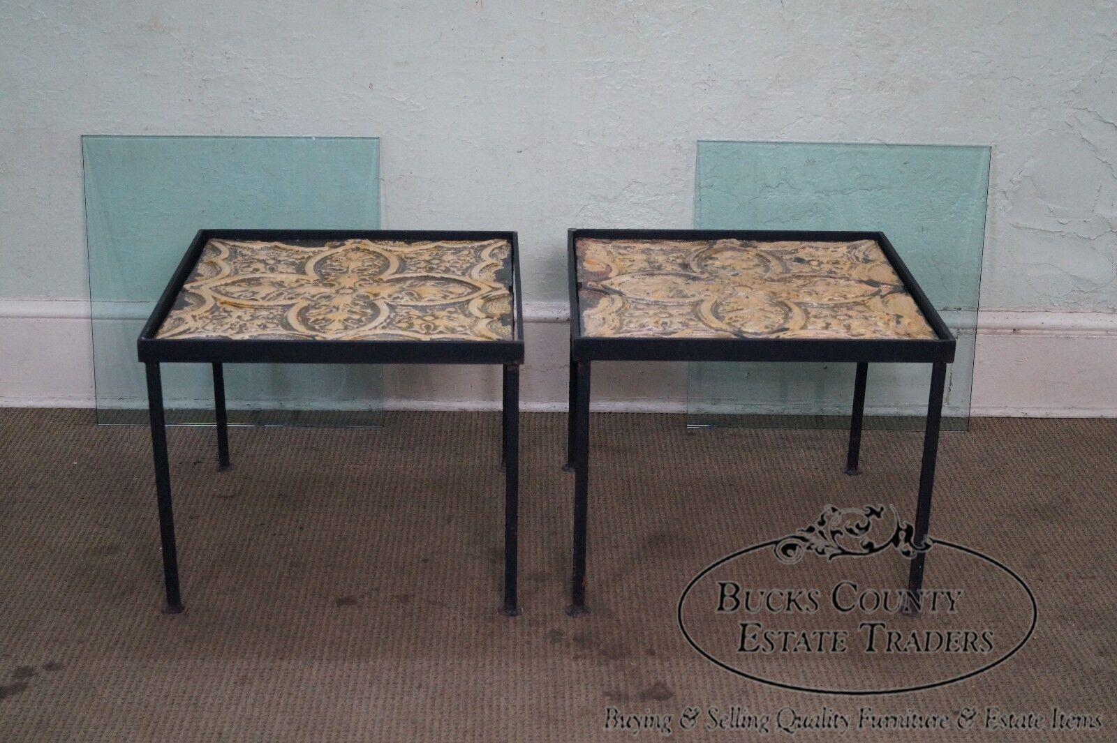 Custom Pair of Square Iron Frame Glass Top Side Tables w/ Tin Panels