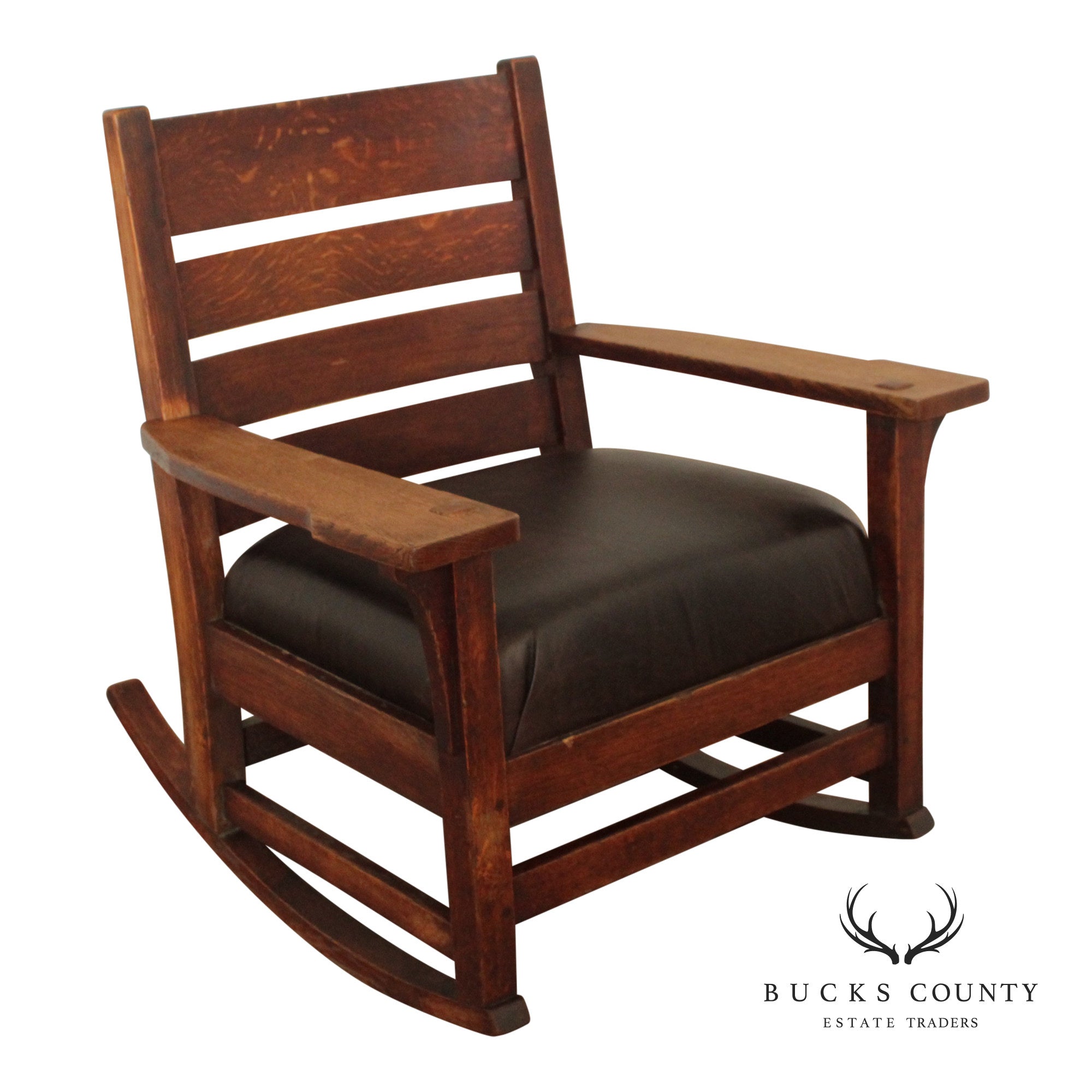 L & JG Stickley Antique Mission Oak and Leather Rocker