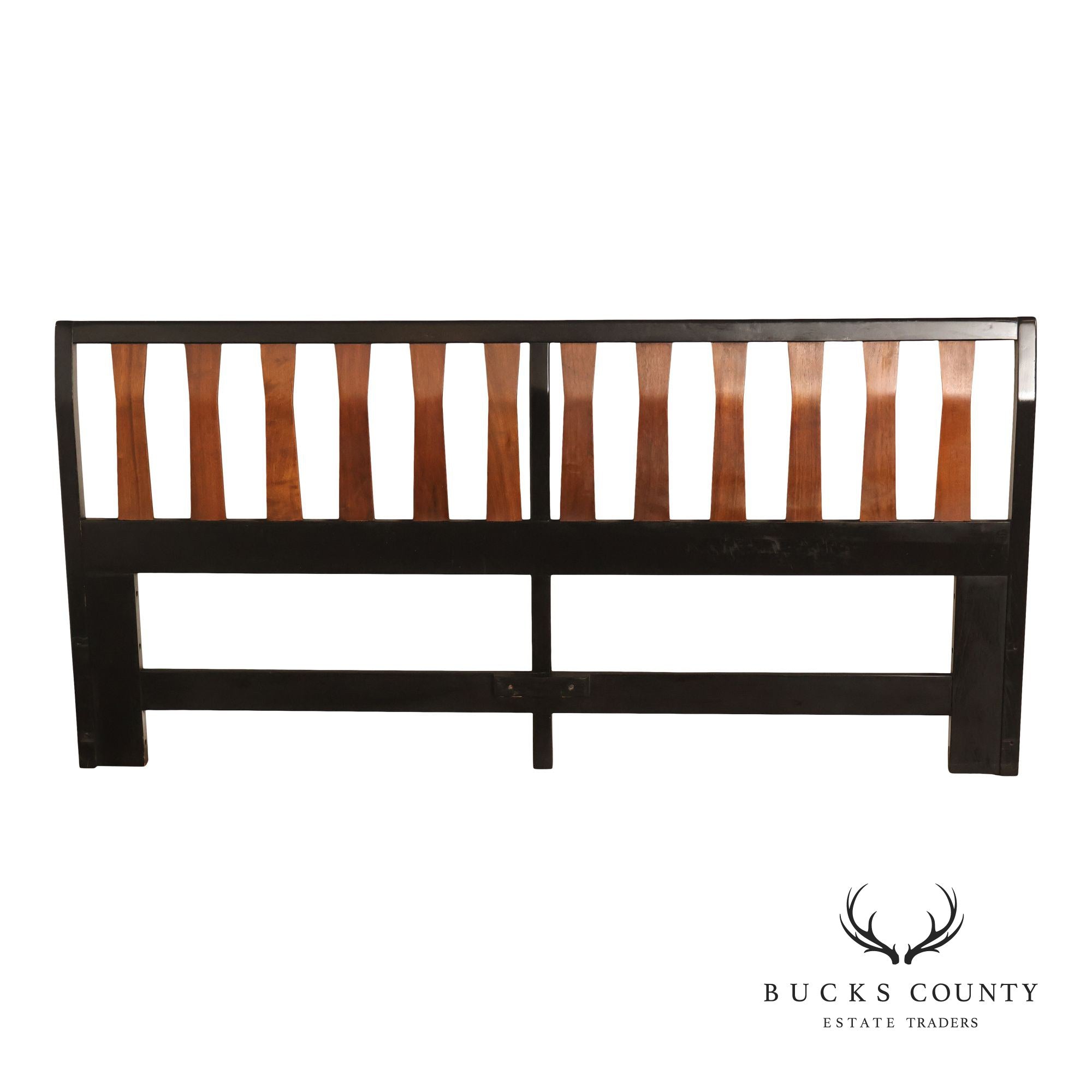 Mid Century Modern King Size Headboard with Ebony Frame and Walnut Bentwood Slats