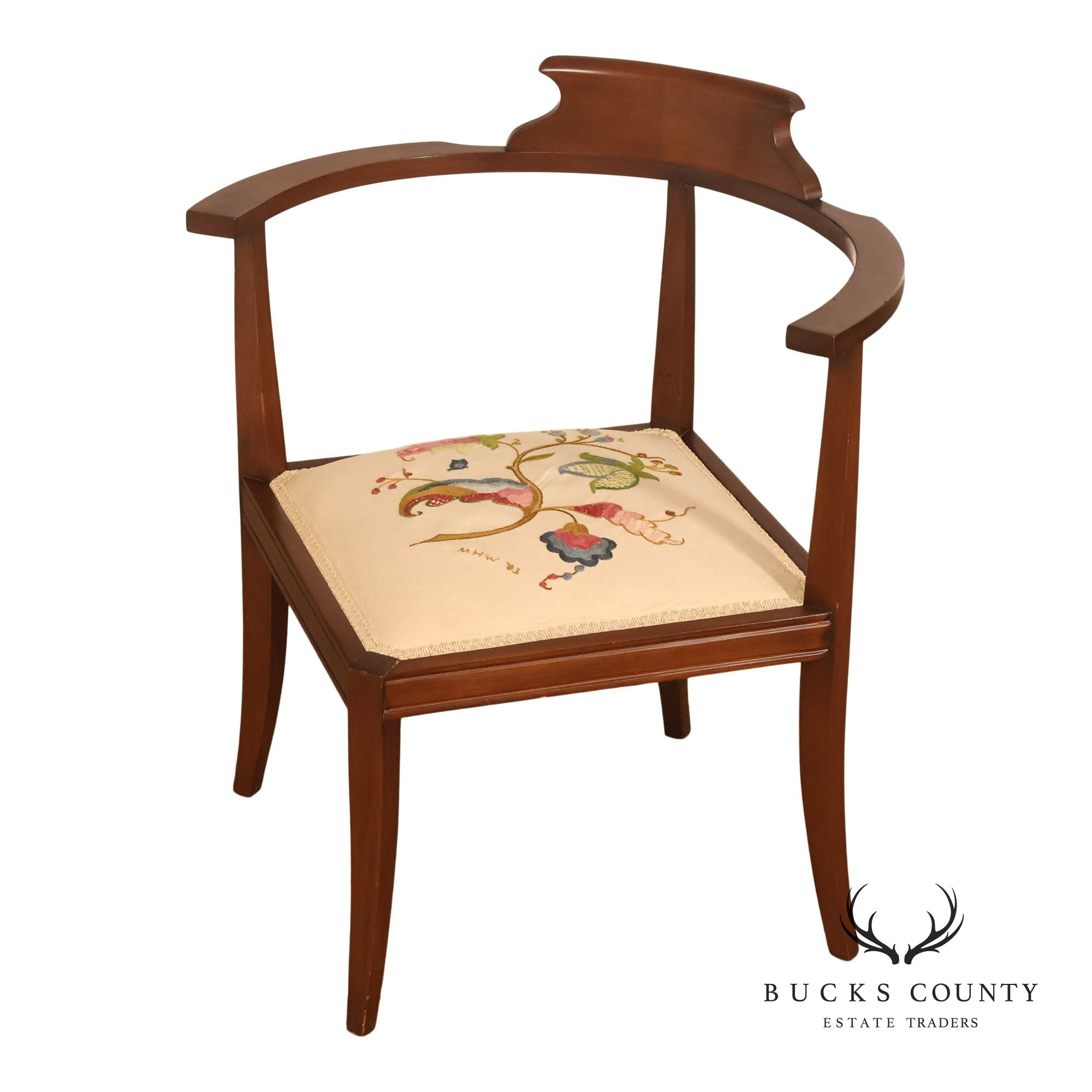 Scandinavian Carved and Embroidered Corner Chair